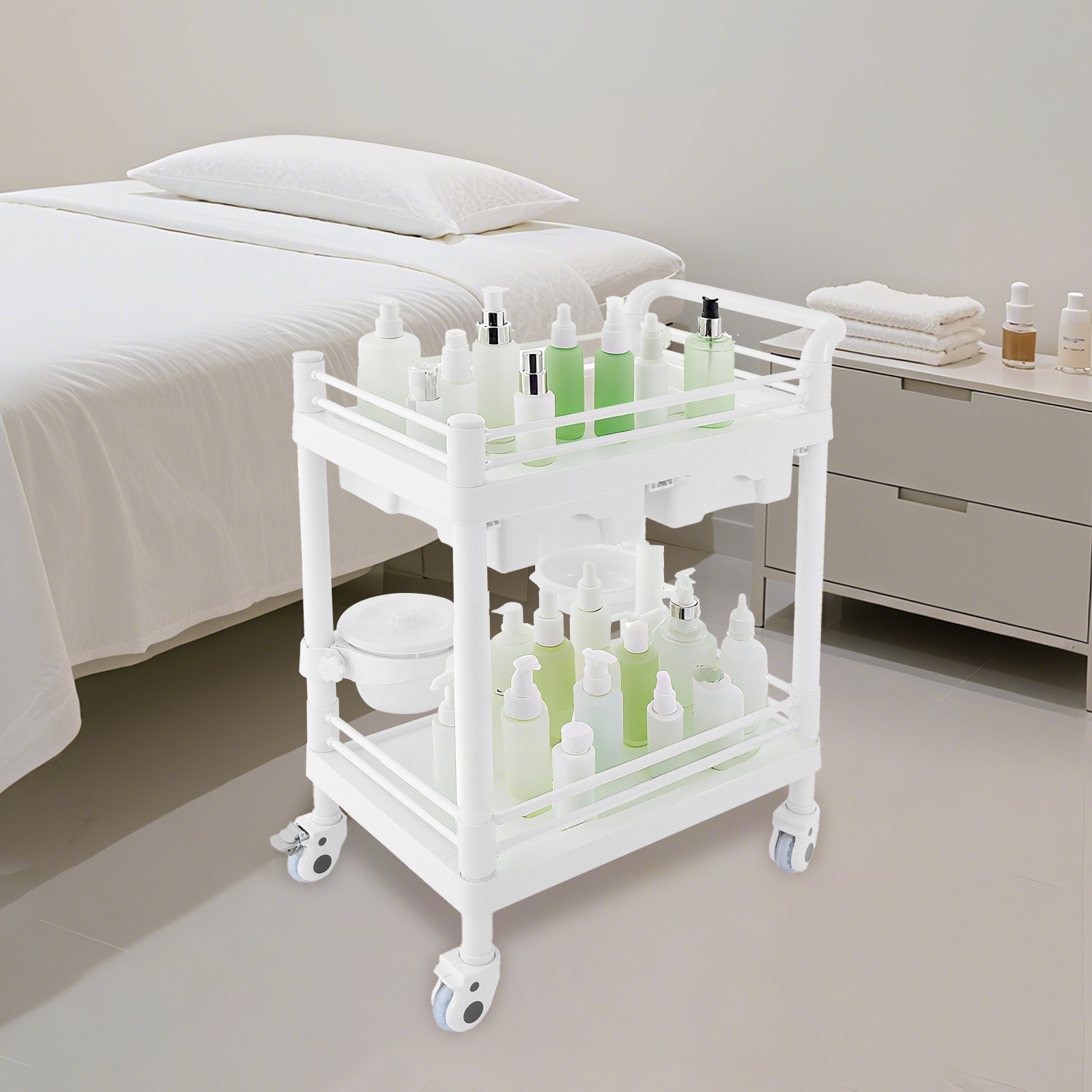 2 Tiers Medical Cart Mobile Trolley Cart ABS Laboratory Trolley 90kg/198 lbs