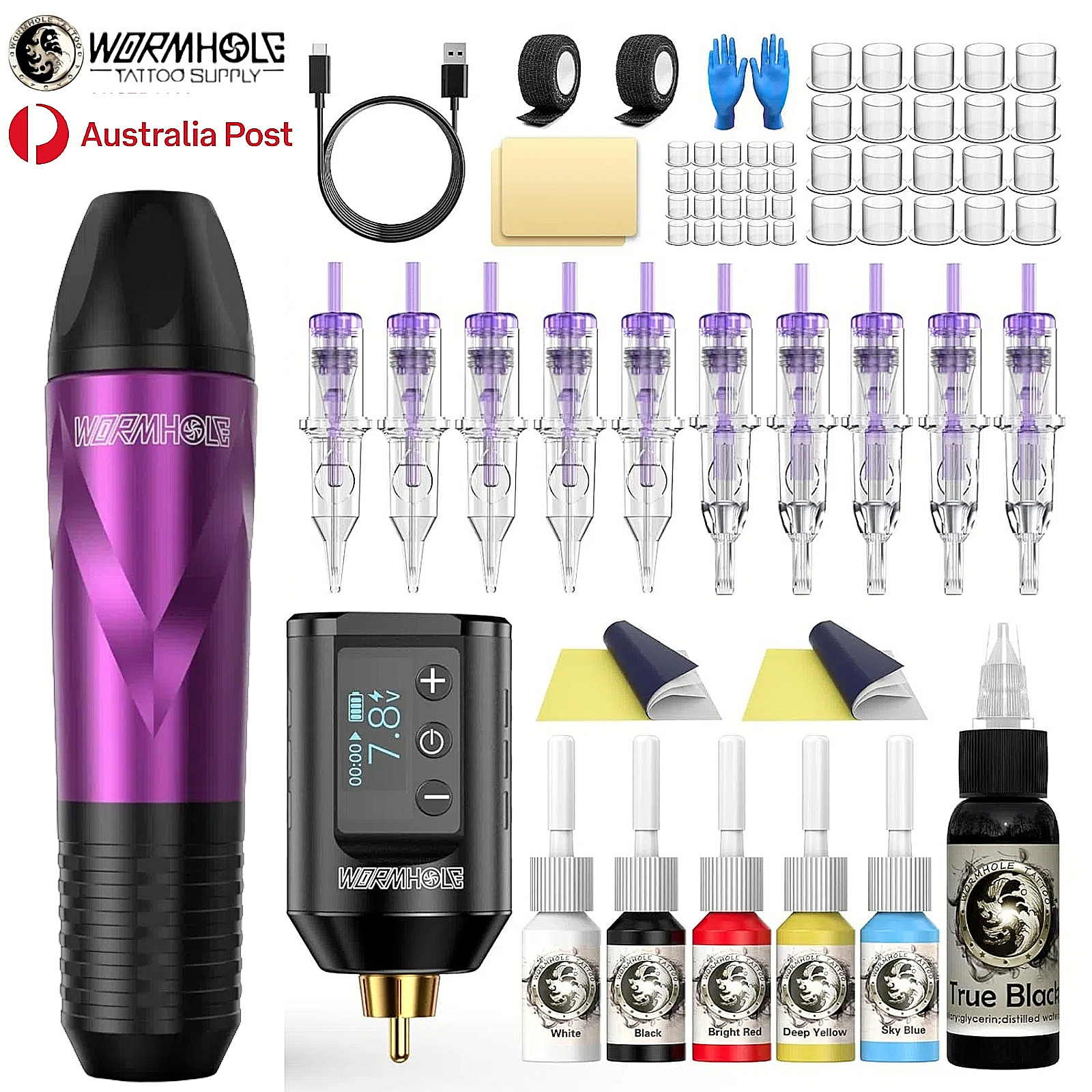 WORMHOLE Tattoo Machine Kit Pen Gun Rotary Motor Color Inks Power Supply Needle