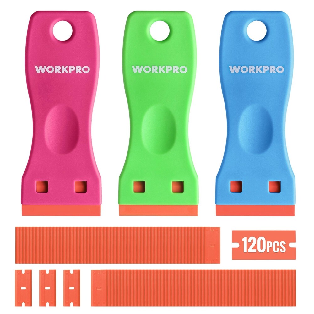WORKPRO 3-Piece Plastic Razor Blade Scraper with 120 Pcs Plastic Razor Blades