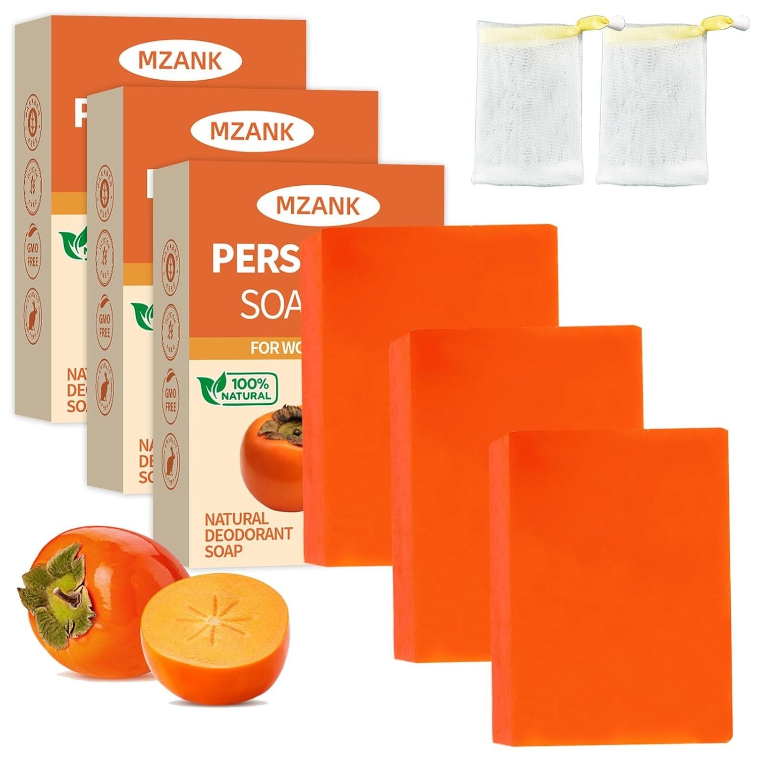 3 Pack Persimmon Soap Bar for Odor Control Natural Deodorant Body Face Soap