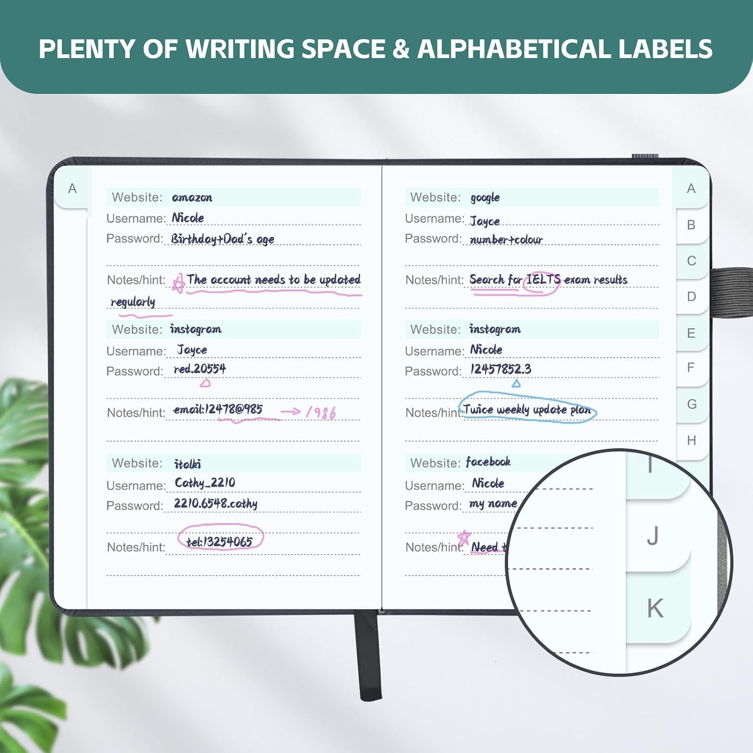 Password Keeper Book with Alphabetical Tabs Compact Password Notebook Black