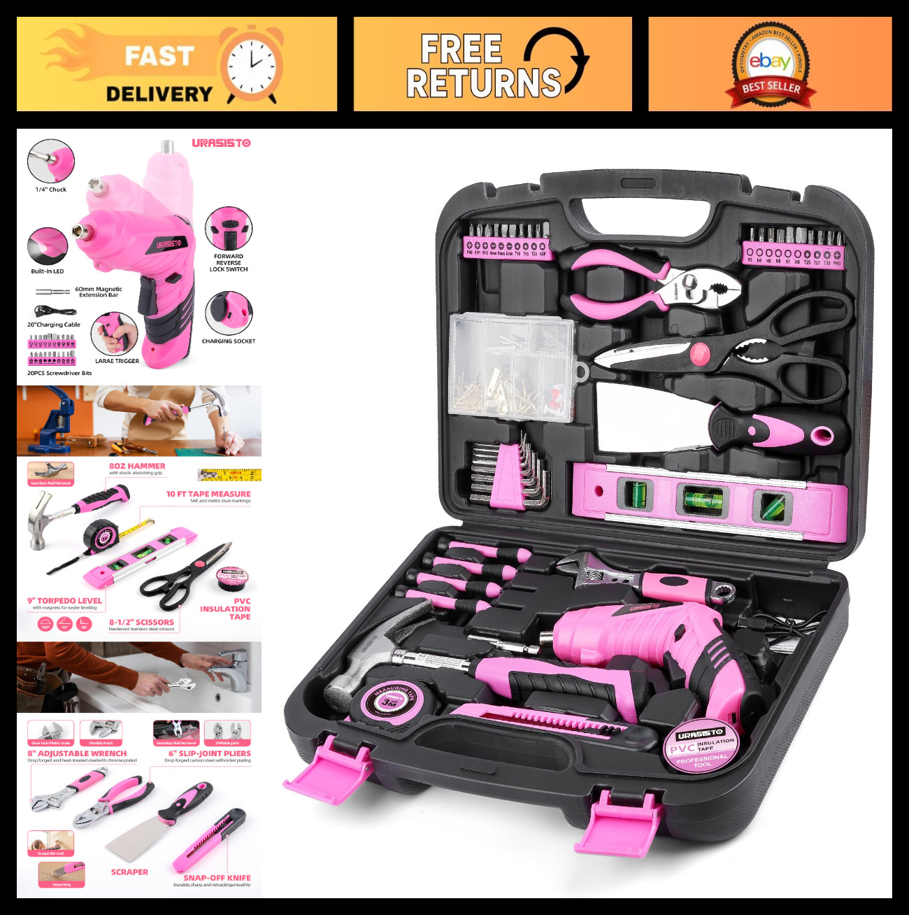 Pink Household Tool Set - 136 PCS Home Tool Kit, USB Electric Screwdriver & Cord