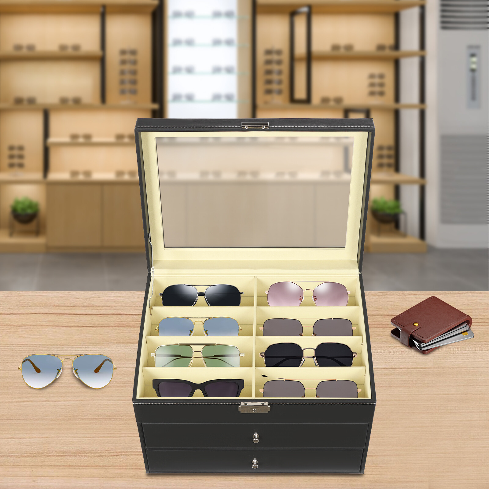 3 Tiers Black Eyeglasses Display Case, 24 Grid Sunglass Glasses Display Drawer
