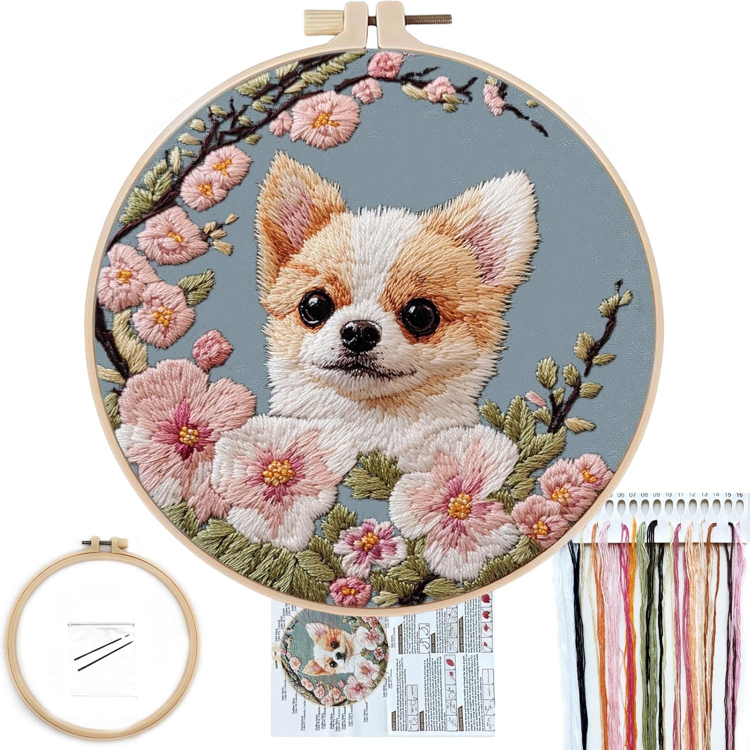 FONNUY Chihuahua Dog Floral Embroidery Kit, 8 inches x 8 inches, Petite