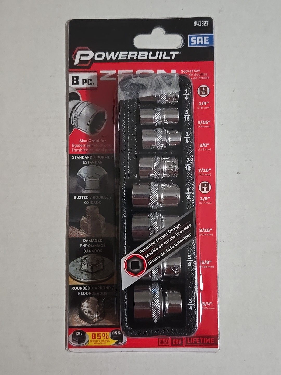 POWERBUILT ZEON SOCKET SET #941323 8 PC SAE FOR DAMAGED BOLTS NEW