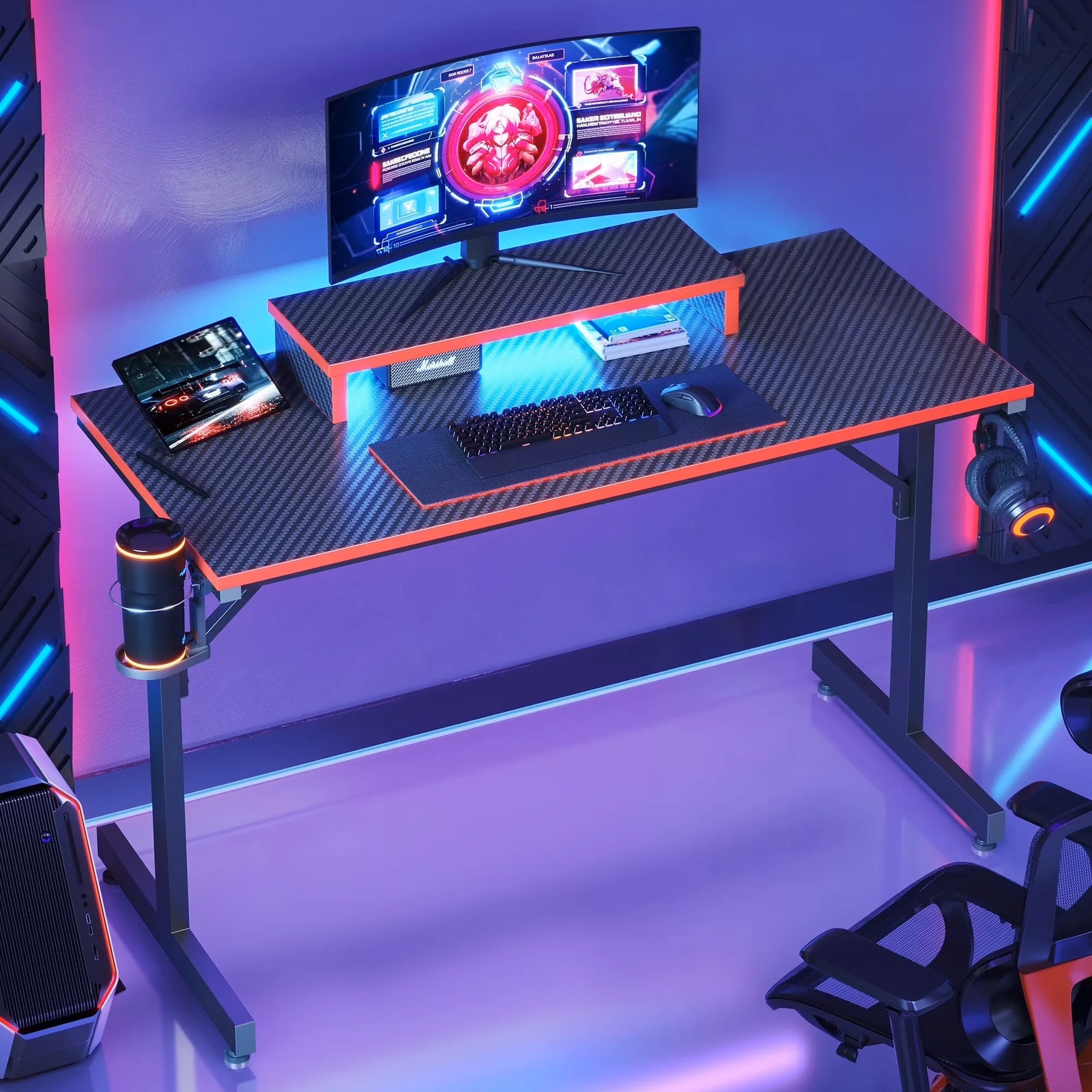 42" Gaming Desk with LED Lights Monitor Stand Carbon Fiber Red