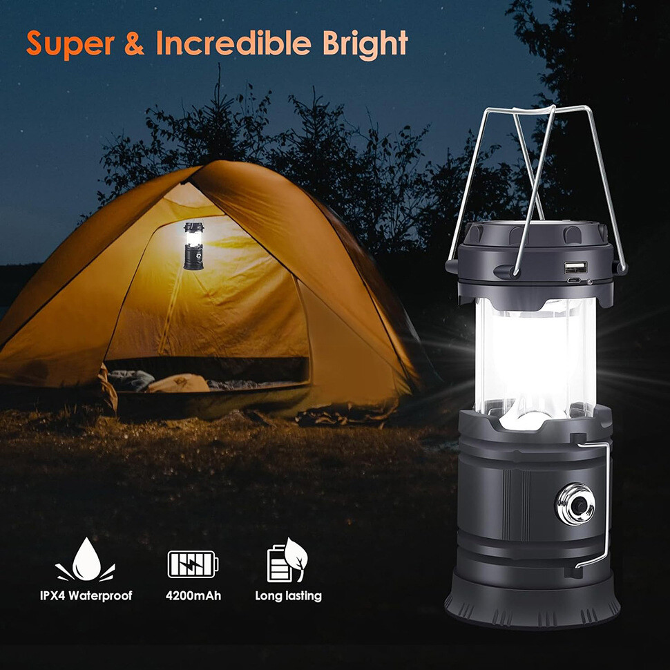 USB Solar Portable LED Flashlight Rechargeable Camping Tent Light Lantern Lamp
