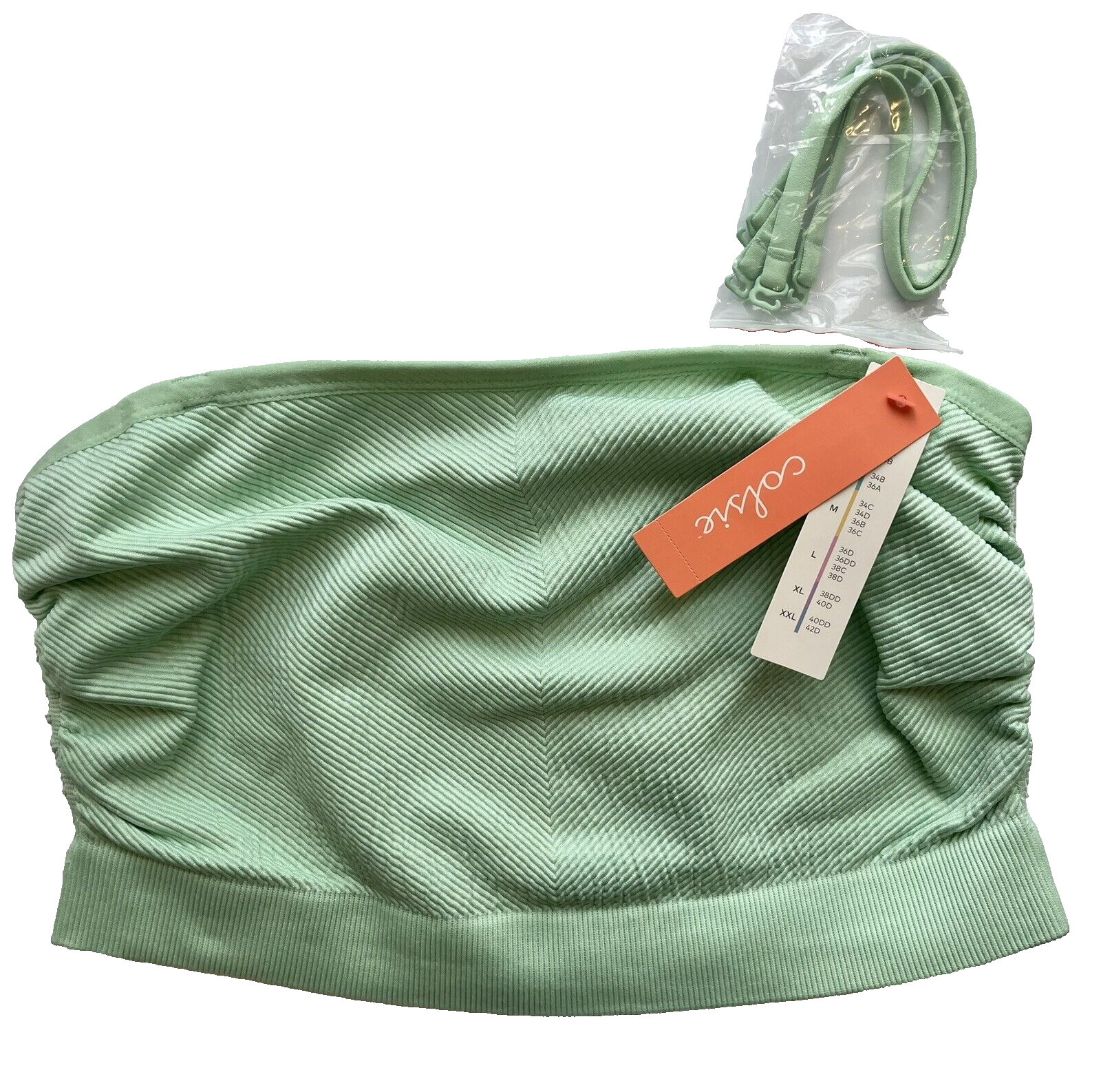 Women's Large Bandeau Bra Green Ruched Ribbed ~ Colsie ~ With Detachable Straps