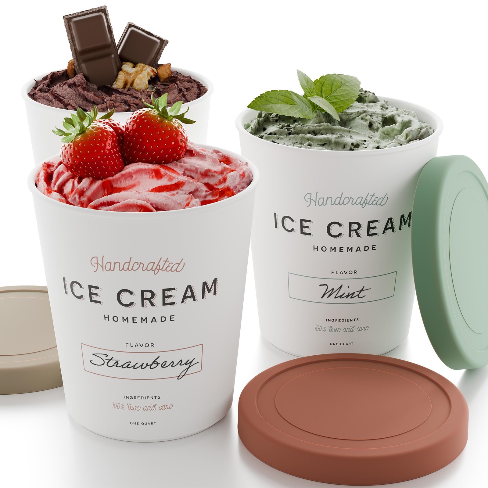 Set of 3 Reusable Ice Cream Containers 1 Quarts ea. with Lids