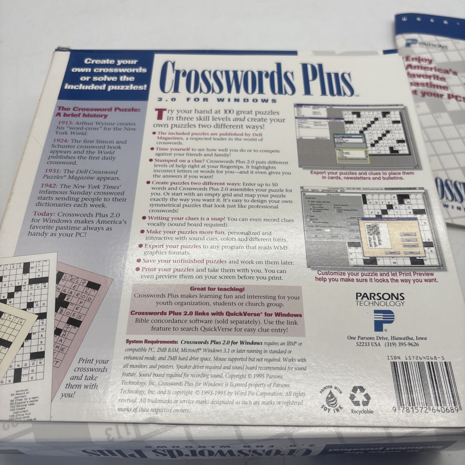 “Crosswords Plus” 2.0 Parsons Technology Computer Game Software Complete