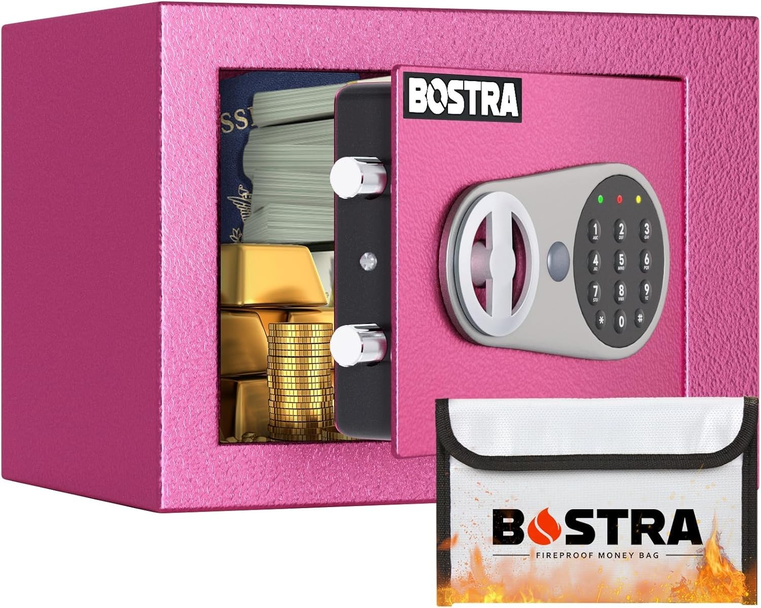 Bostra Fireproof Safe Box w/Sensor Light, Keys, Digital Keypad Pass Code, Pink