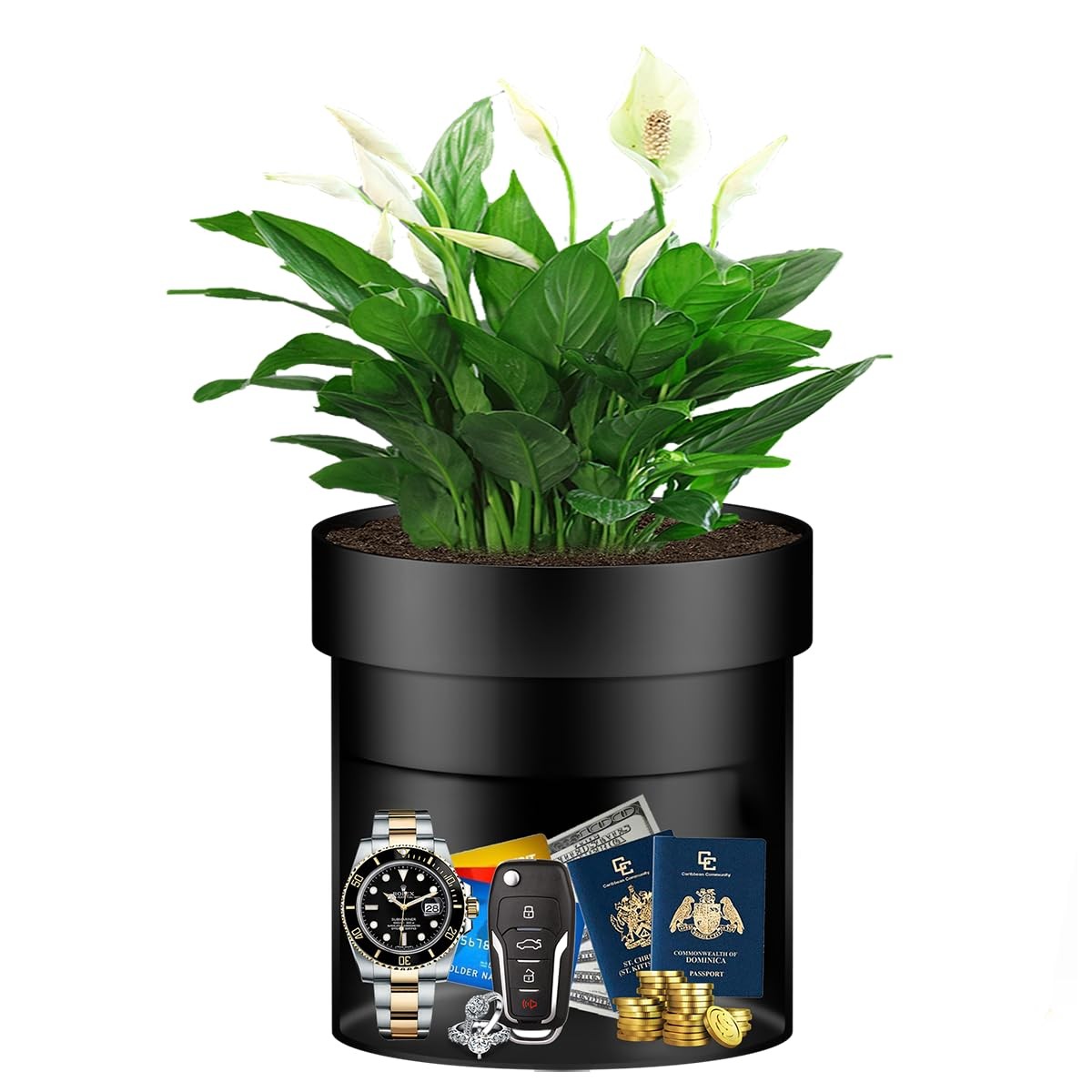 Stainless Steel Flower Pot Diversion Safe With Key Lock Hidden Valuables