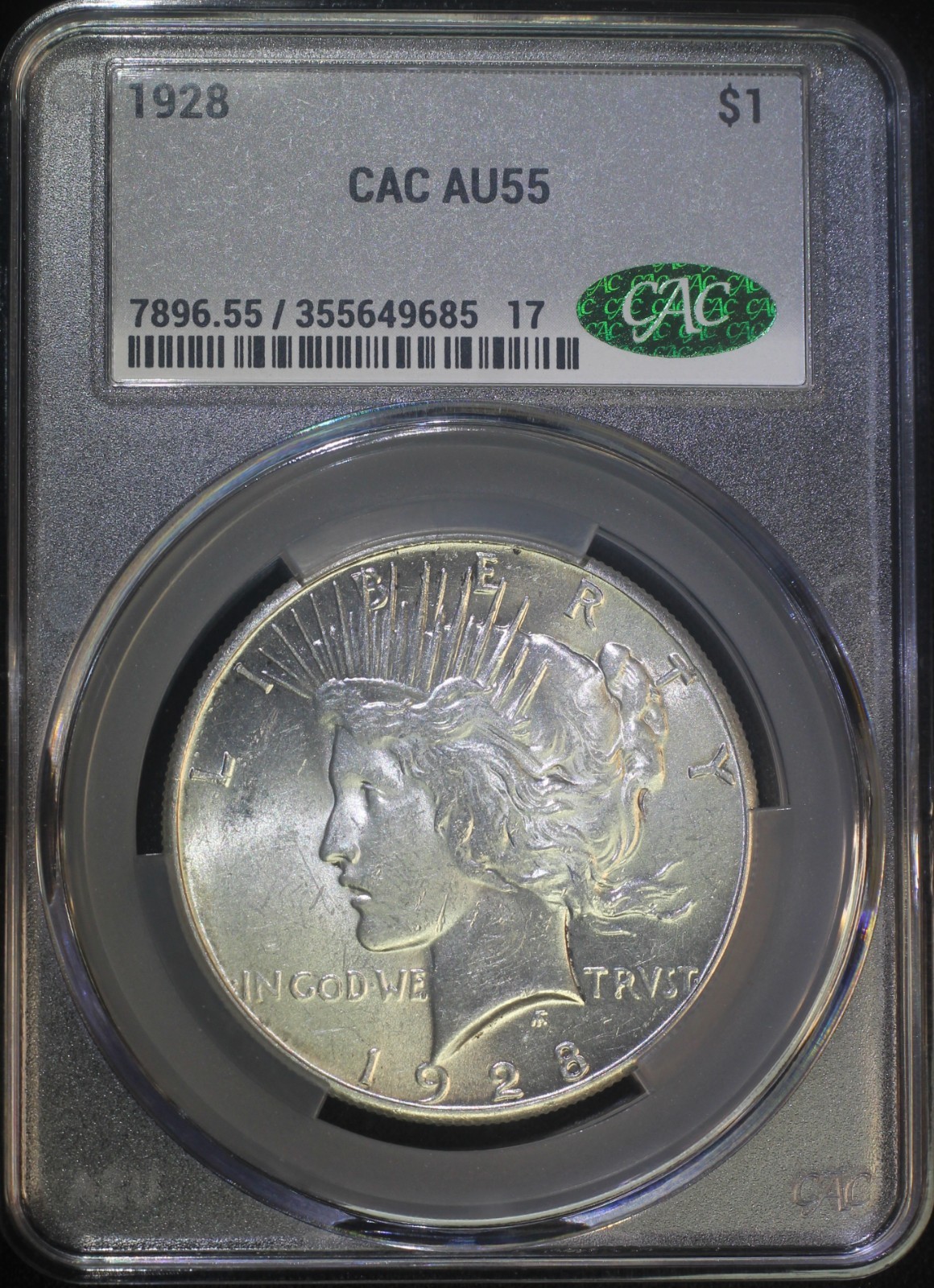 1928 P Peace Silver Dollar CACG AU55 Almost Uncirculated Key Date Looks PQ
