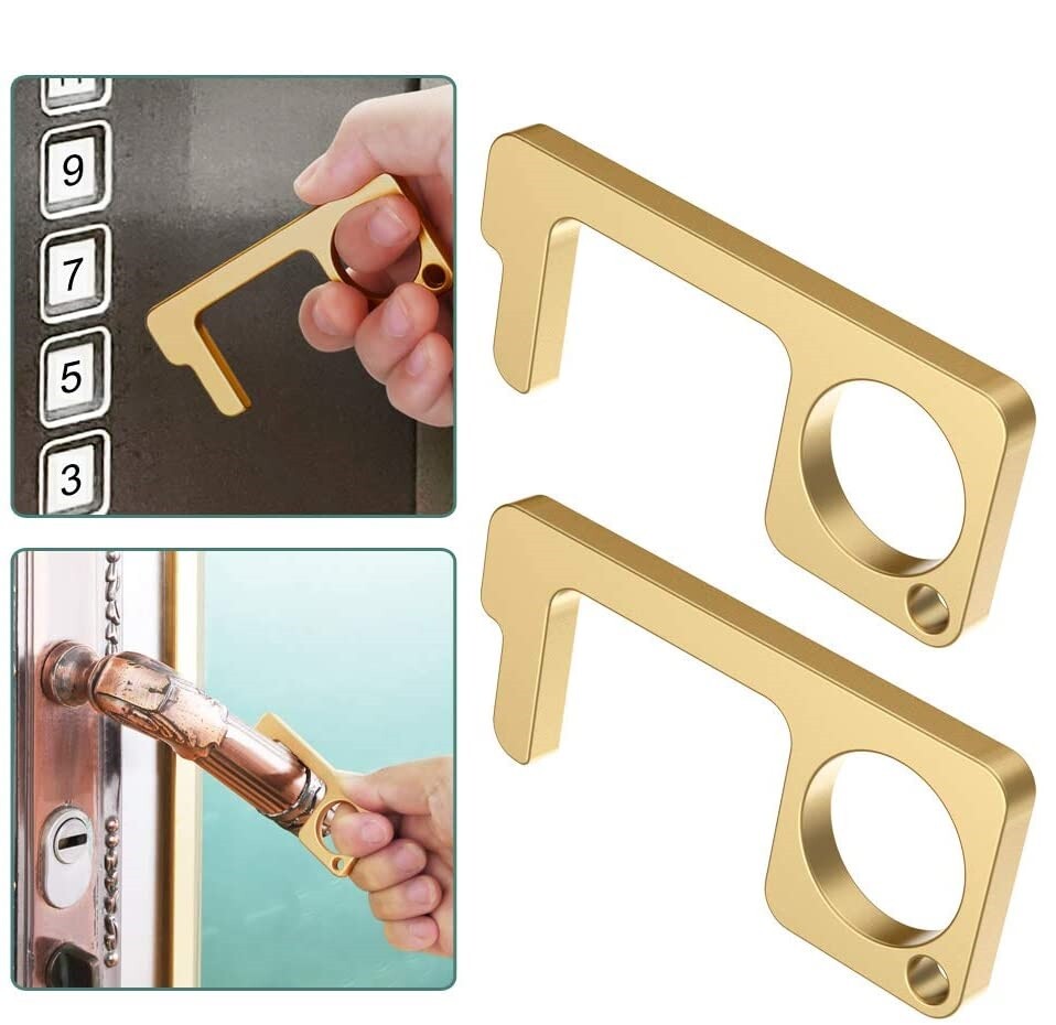2 Pack No Touch Door Opener Button Pusher Germ Free Key Chain Gold Silver