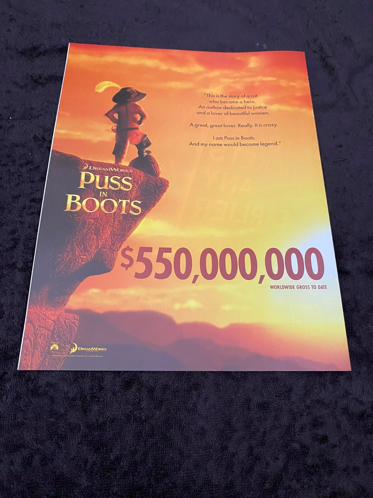 PUSS IN BOOTS 2011 Oscar ad Antonio Banderas, box office of $550,000,000