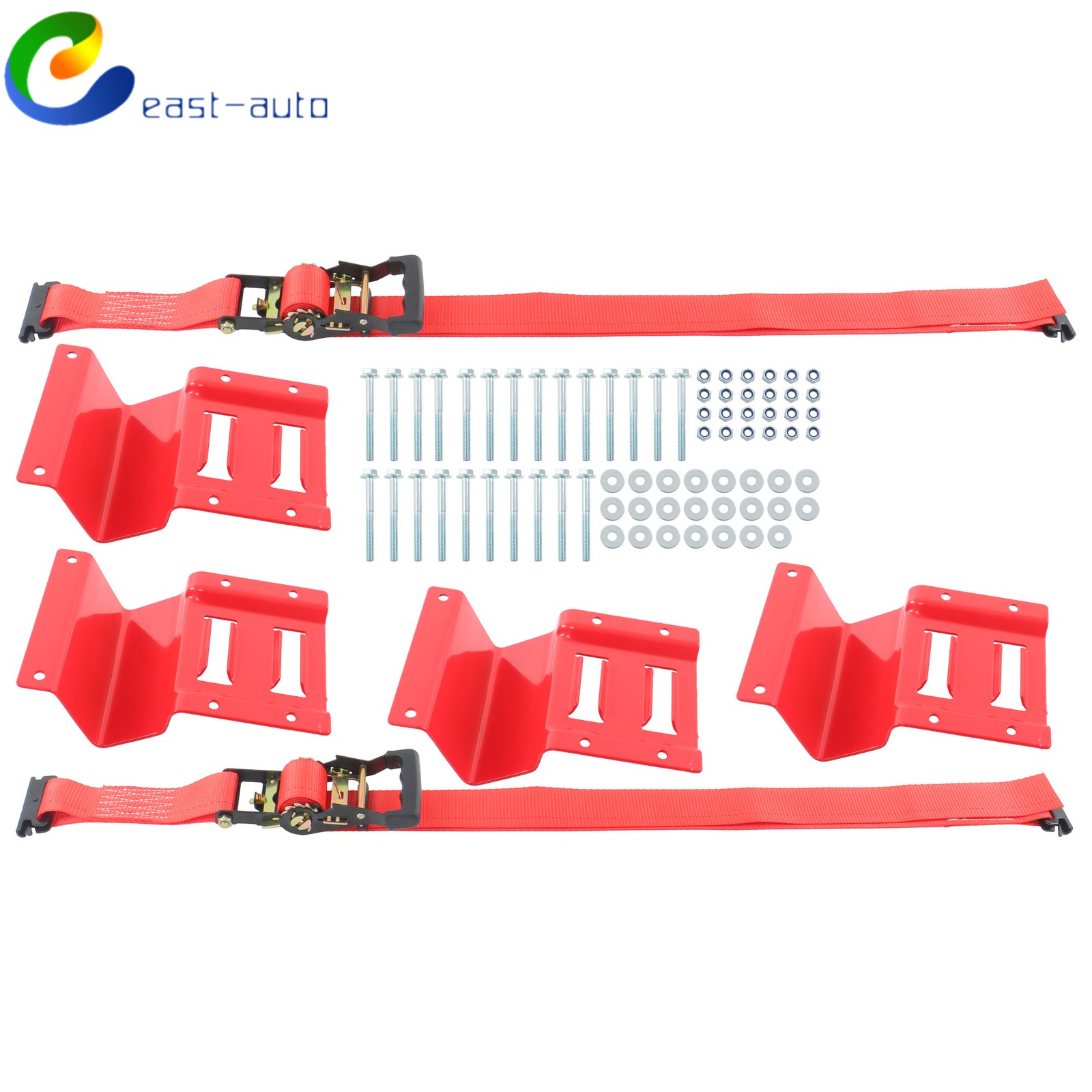 1 Set Red E Track Wheel Chock With 8 Foot Red Ratchet Straps For ATV, Trailer