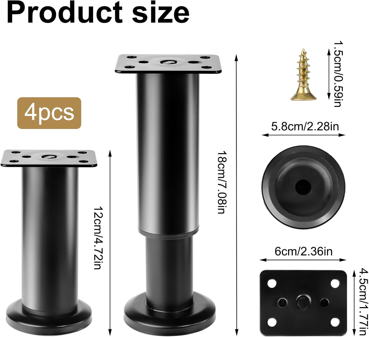 4 Pcs Metal Furniture Legs, 4.7-7 Inch Black Adjustable Furniture Legss, Adju...