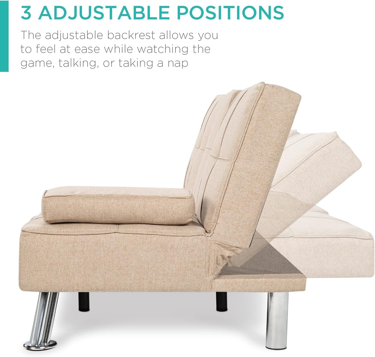 Linen Modern Folding Futon Reclining Sofa Bed Removable Armrests 2 Cupholders