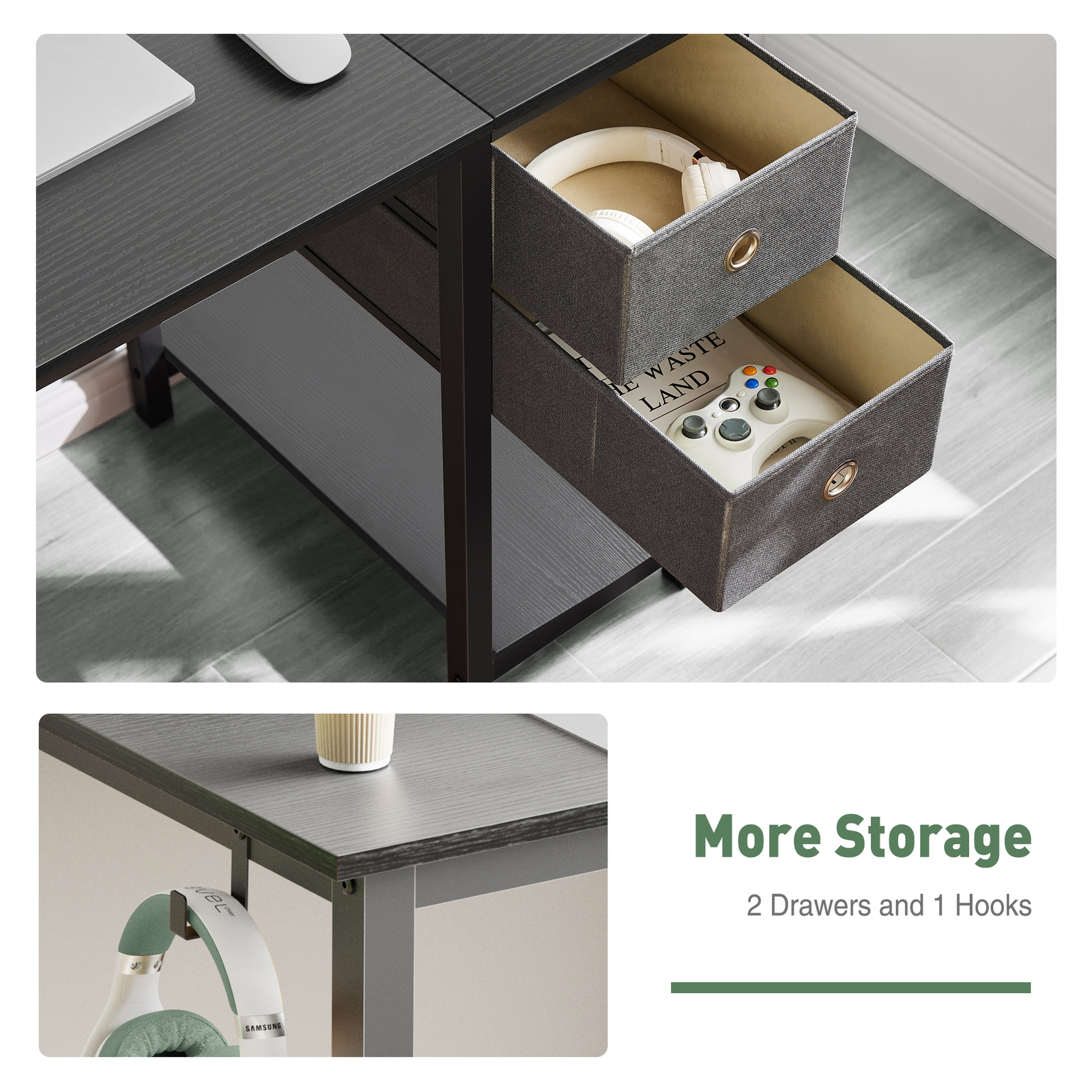 Office Computer Desk with 2-Tier Drawer Storage, Side Headphone Hook, Two Size