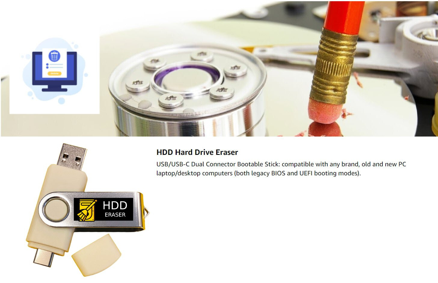 Hard Drive Eraser Data Destroyer USB Bootable Thumb Drive Stick Wipe HDD Disk