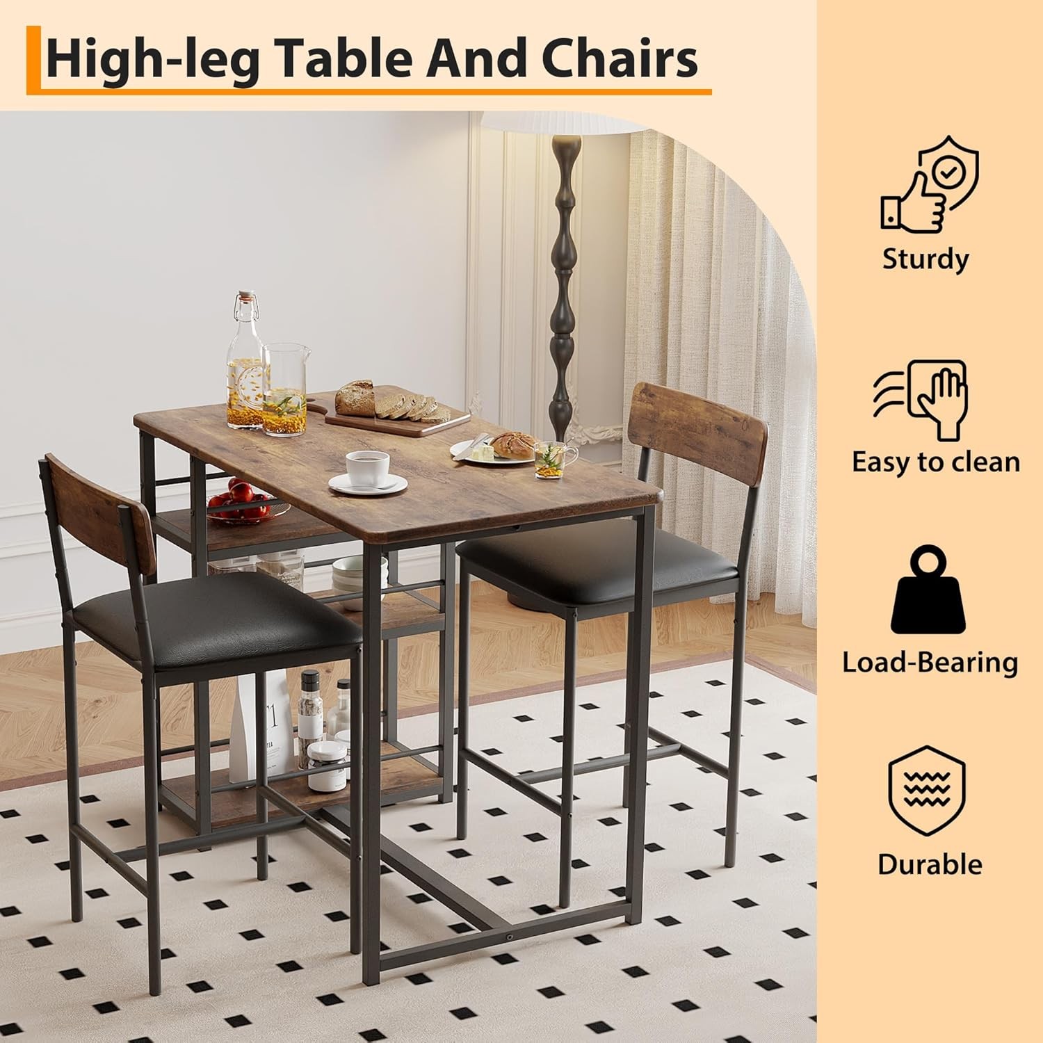 Bar Table Set Dining Table w/ 2 Upholstered Stool Breakfast Dining Furniture Set