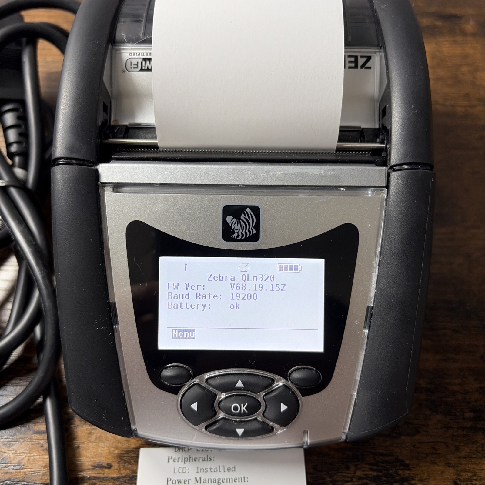 Zebra QLN320 Barcode Printer, WiFi, Bluetooth, Charger, And Battery