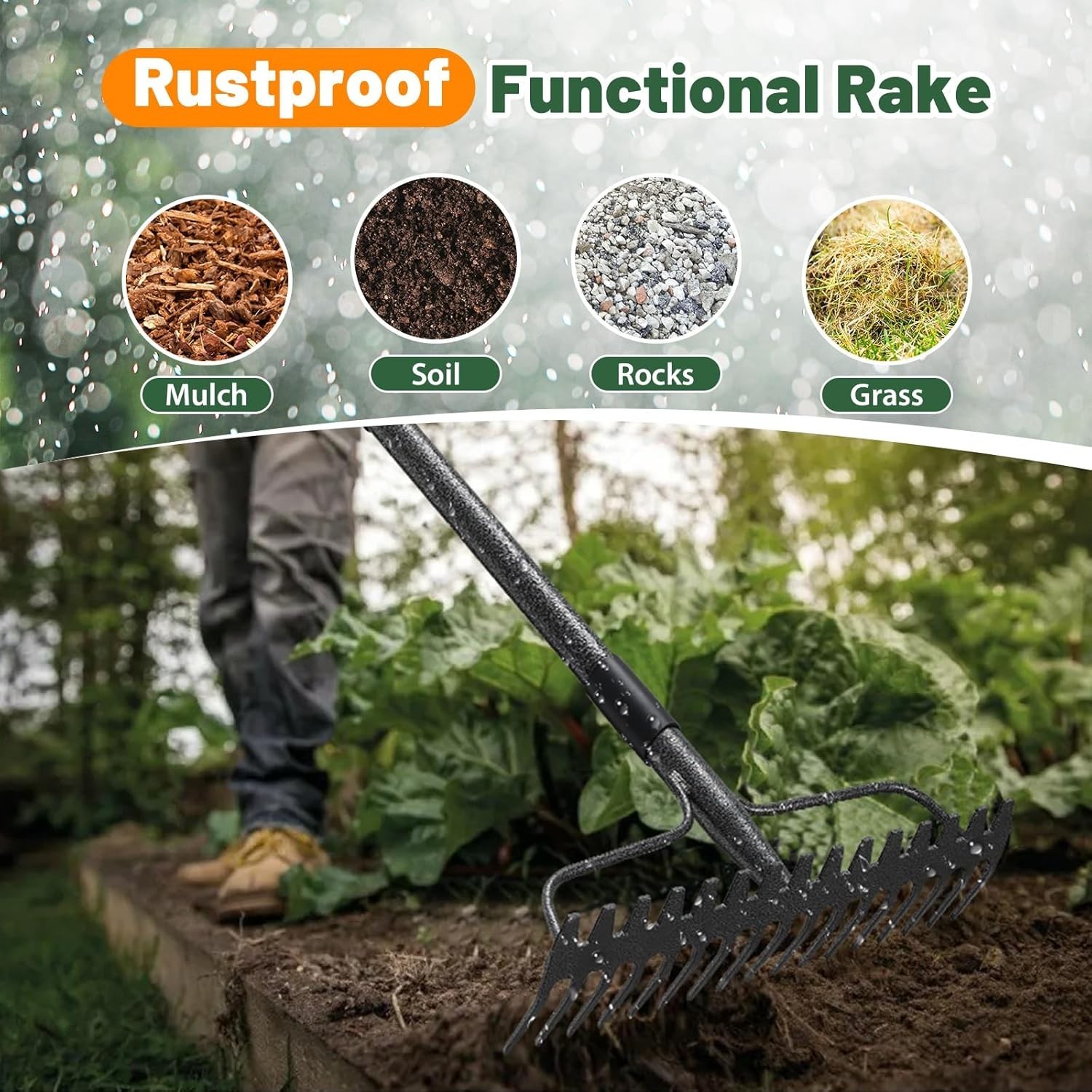 Garden Rake for Leaves, Grass, Weeding