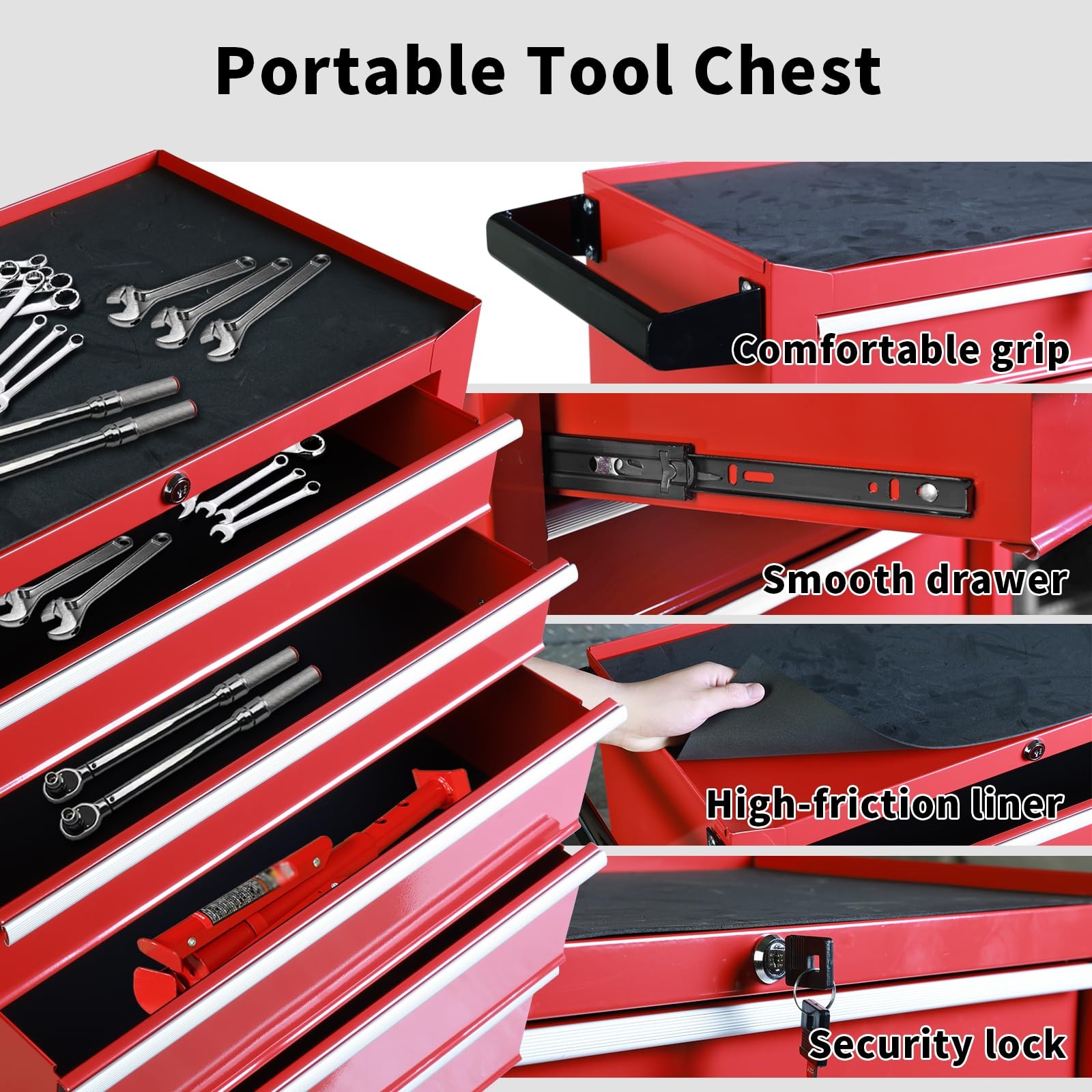 Rolling Tool Chest 5 Drawers, Portable Tool Storage Cabinet with Wheels, Red