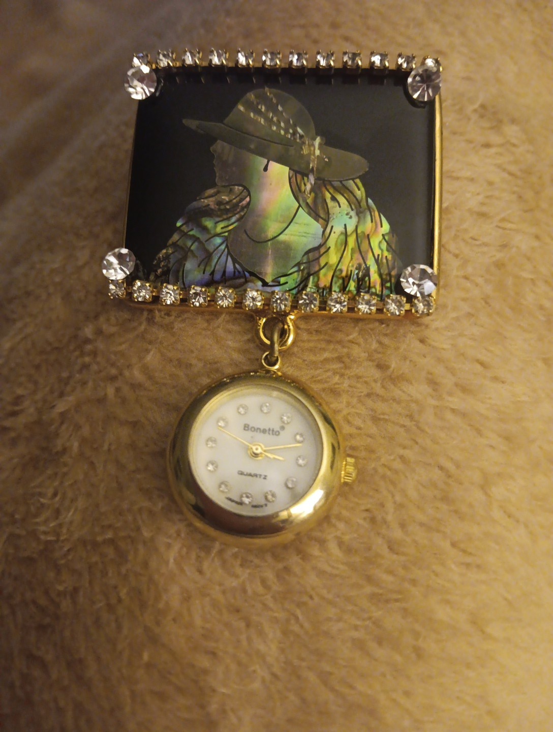 Bonetto "Kaleidoscope Effect" Hat Lady Quartz Watch Brooch Rhinestones Untested