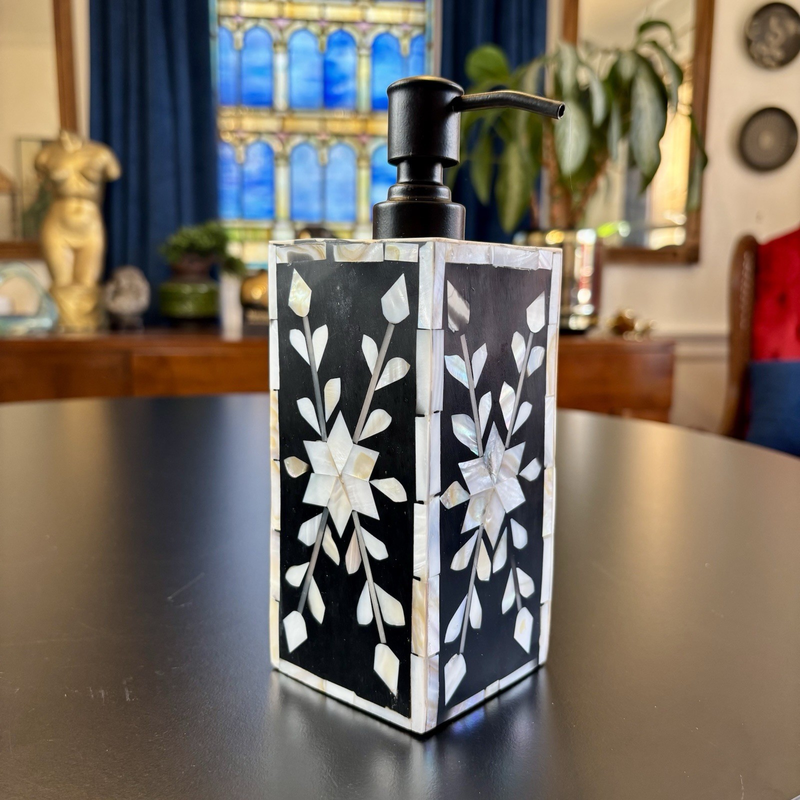 Mother of Pearl Mosaic Inlay Soap Pump Dispenser Black & White Graphic Design