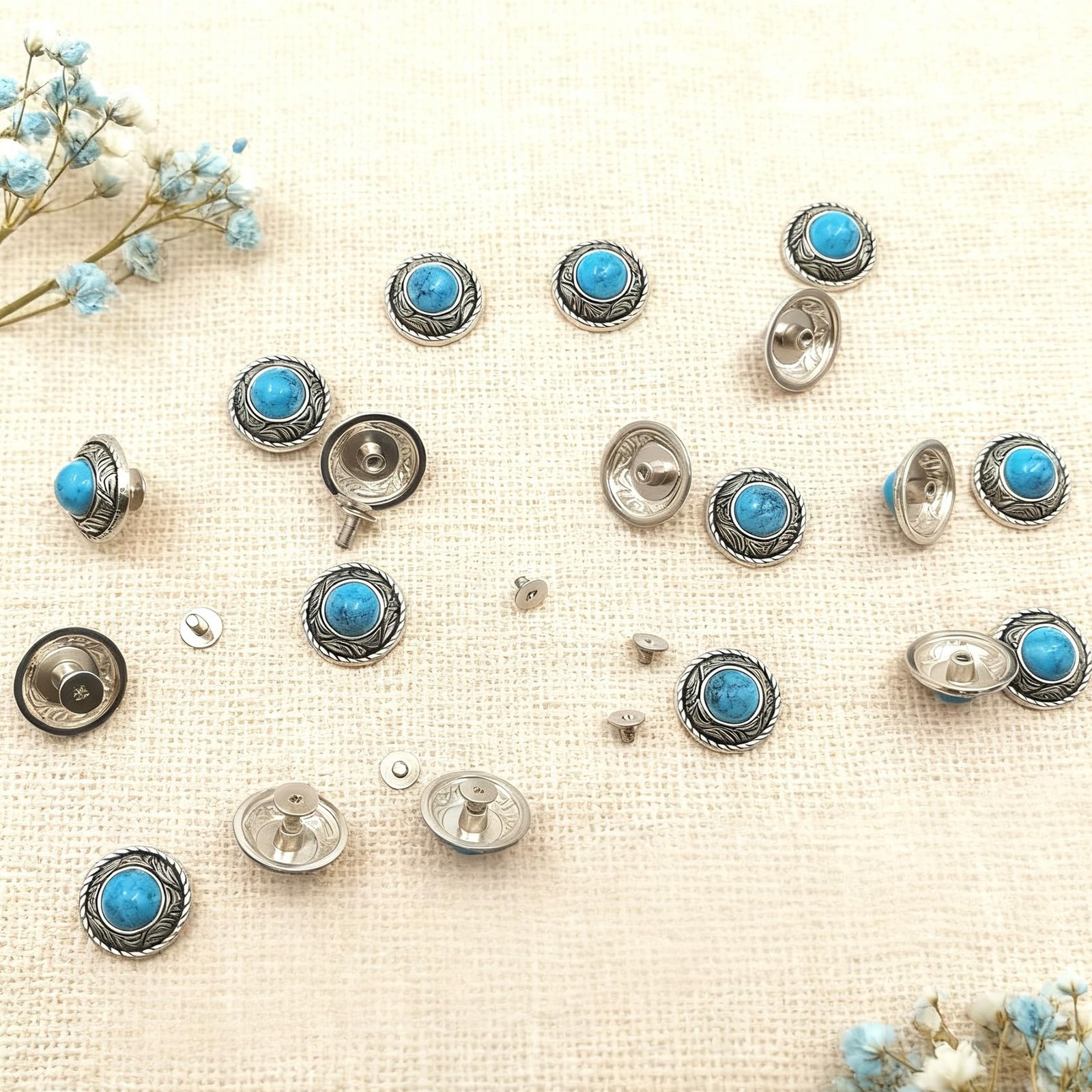 20 PCS Blue Turquoise Conchos Decorative Buckle Round Metal Screw Back