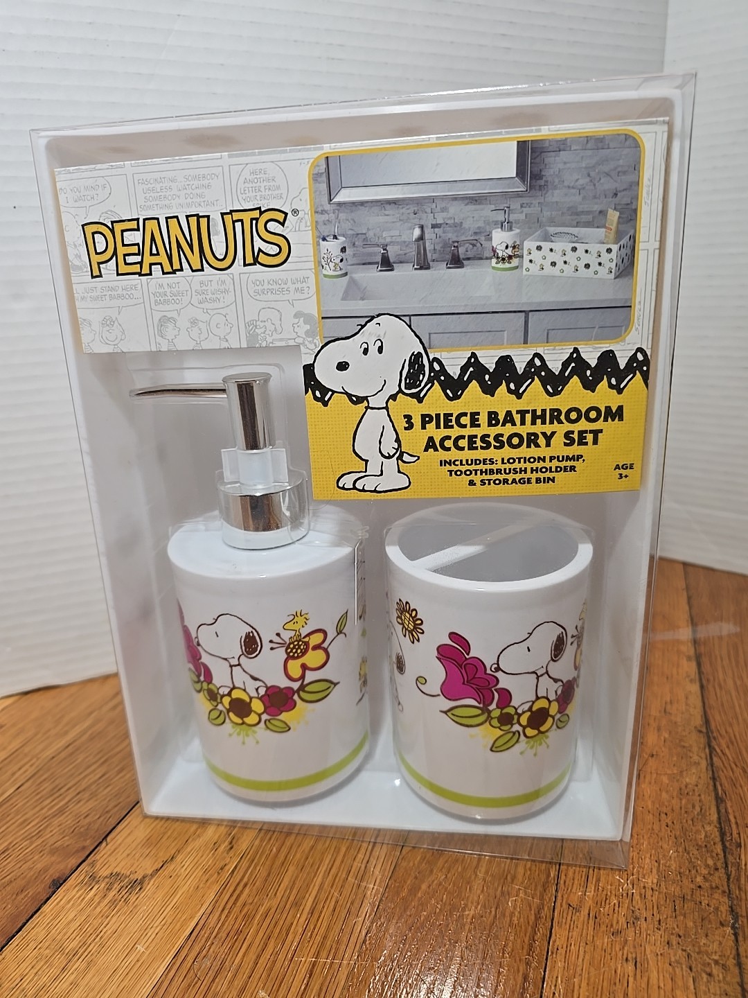 Snoopy 3-Piece Bathroom Accessory Set, Toothbrush Holder, Soap Pump, Storage Bin