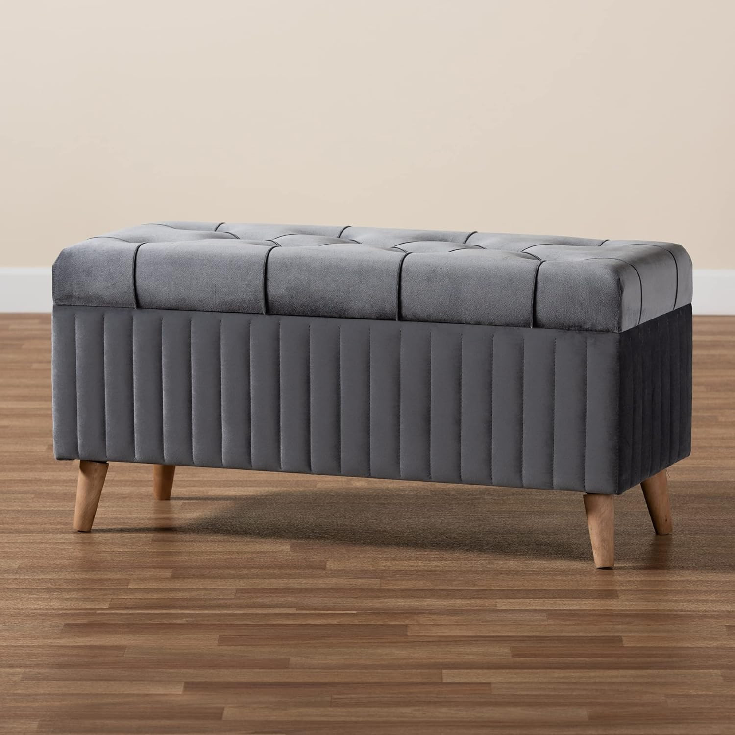 Grey Velvet Storage Ottoman with Walnut Wood Finish - Modern Design