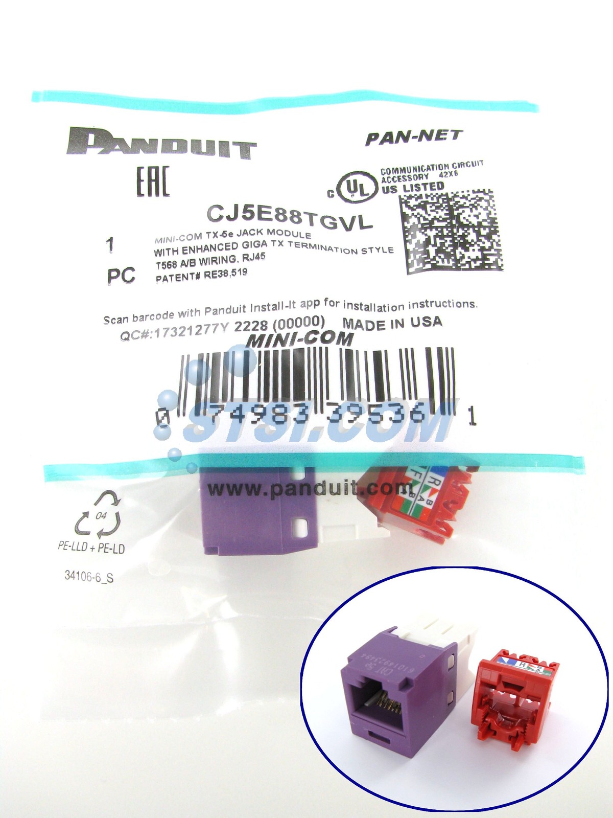 Panduit CJ5E88TGVL Cat5e Mini-Com Jack Violet ~STSI
