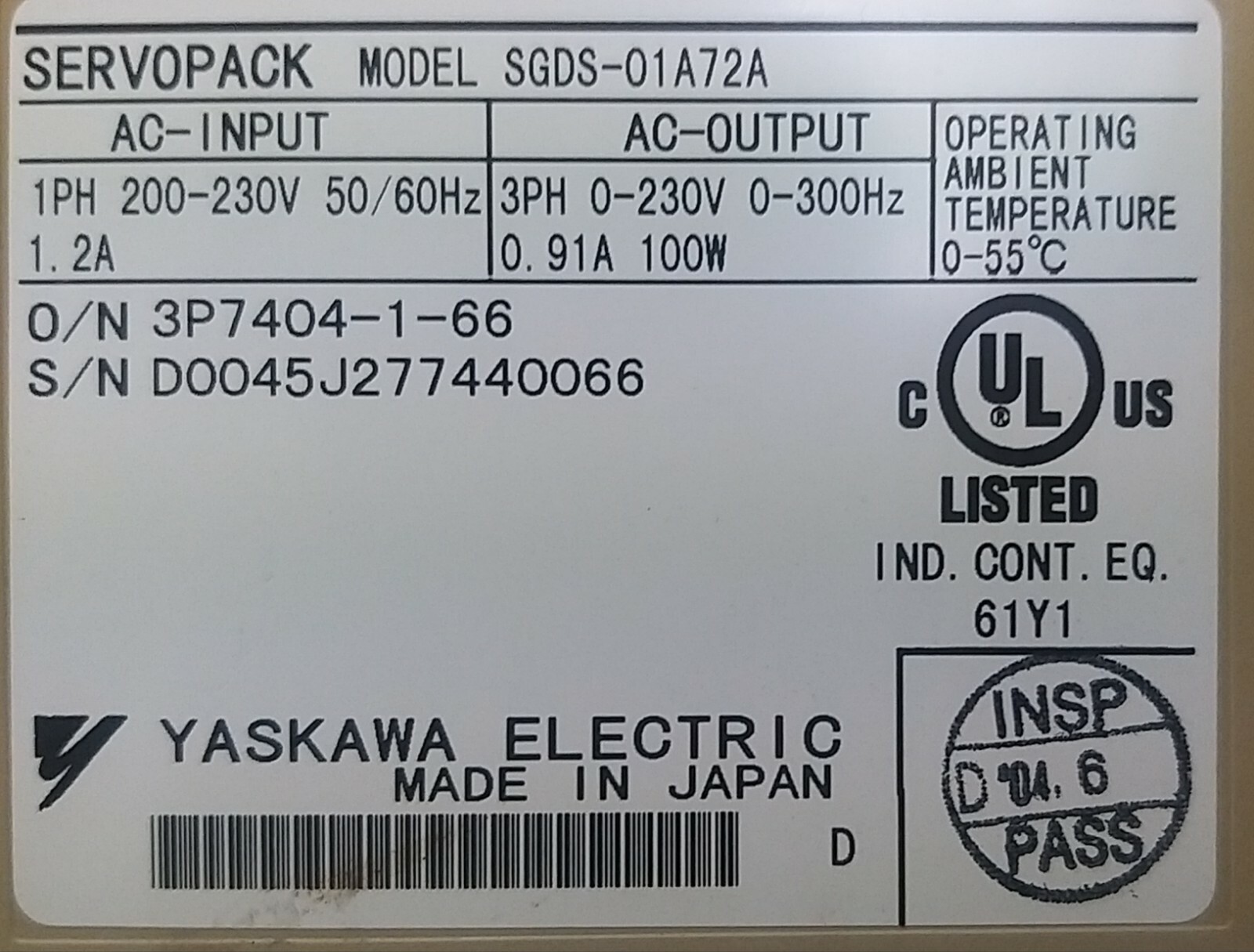 YASKAWA SGDS-01A72A SERVOPACK, USED
