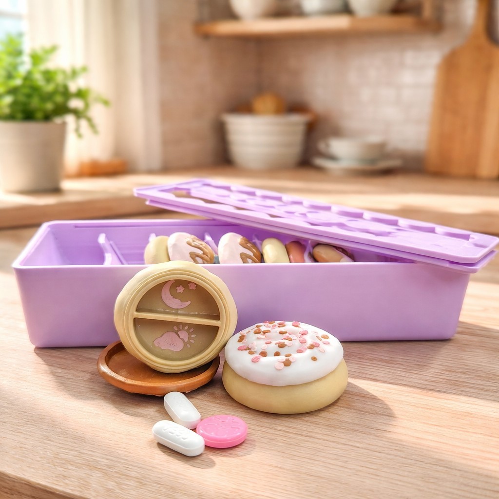 Pills Box Weekly Cute Cookies,  Medicine Organizar 7days Night And Day Spaces.