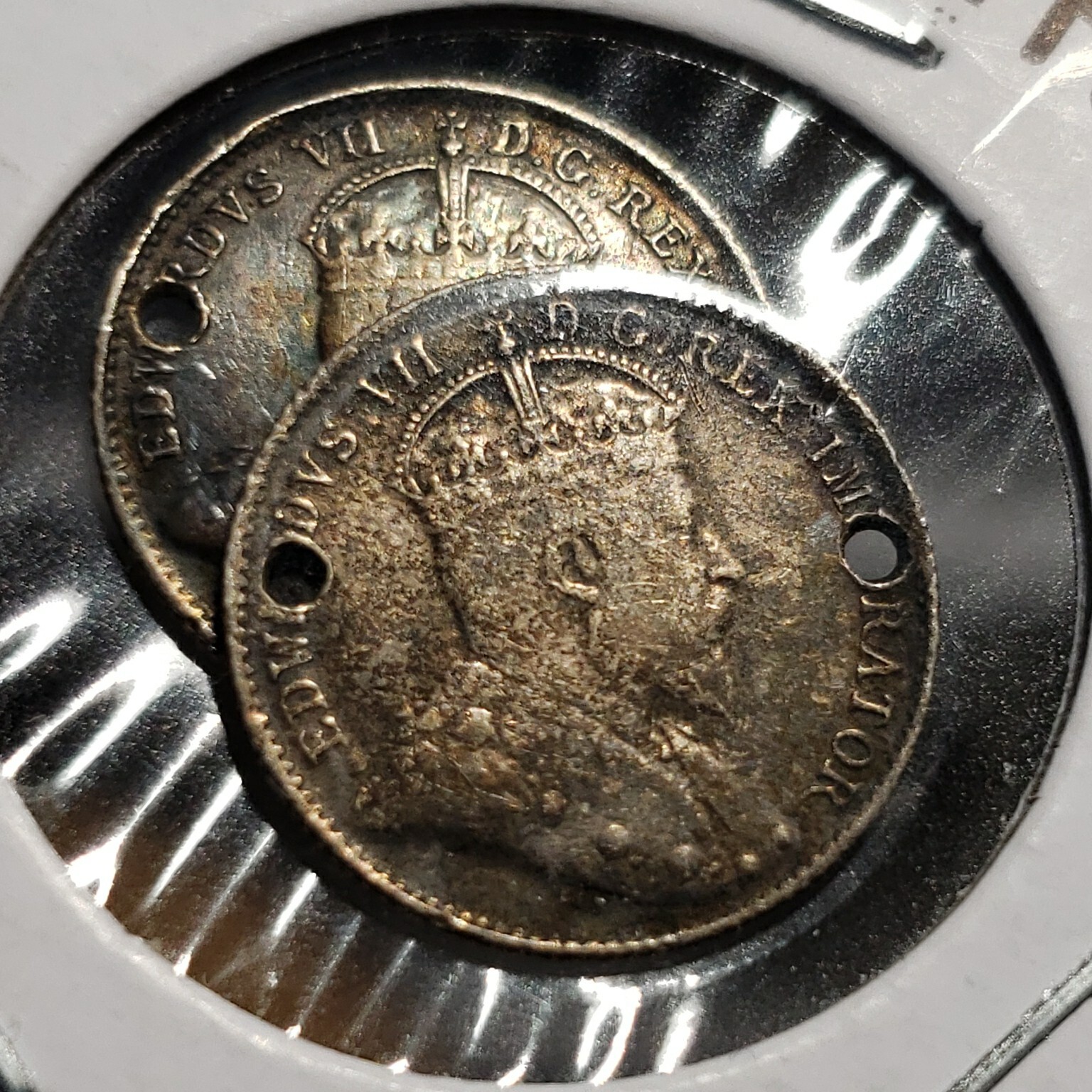 (2) Silver Canada 5 Cent Coins 1903 Holed, 1967 Holed