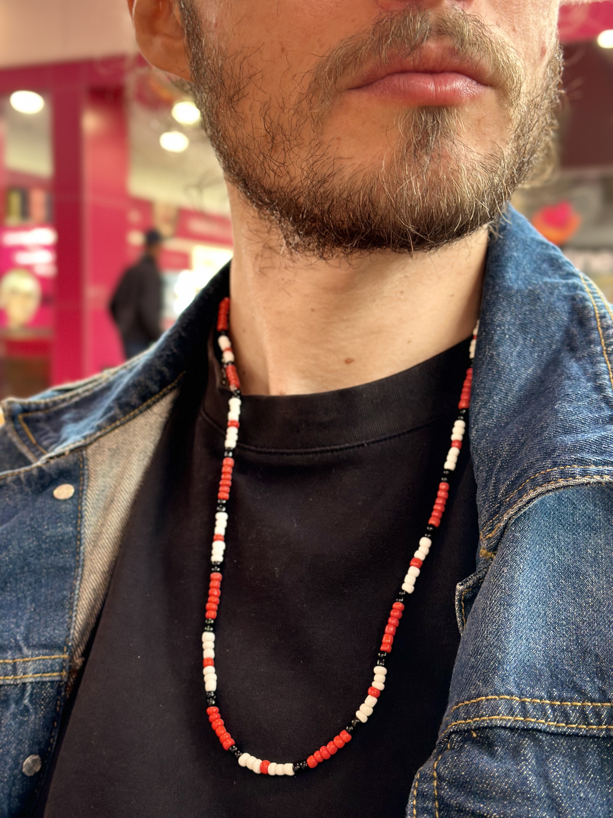 28" Bead Necklace + FREE 7" Bracelet Jim Morrison The Doors Red White Black