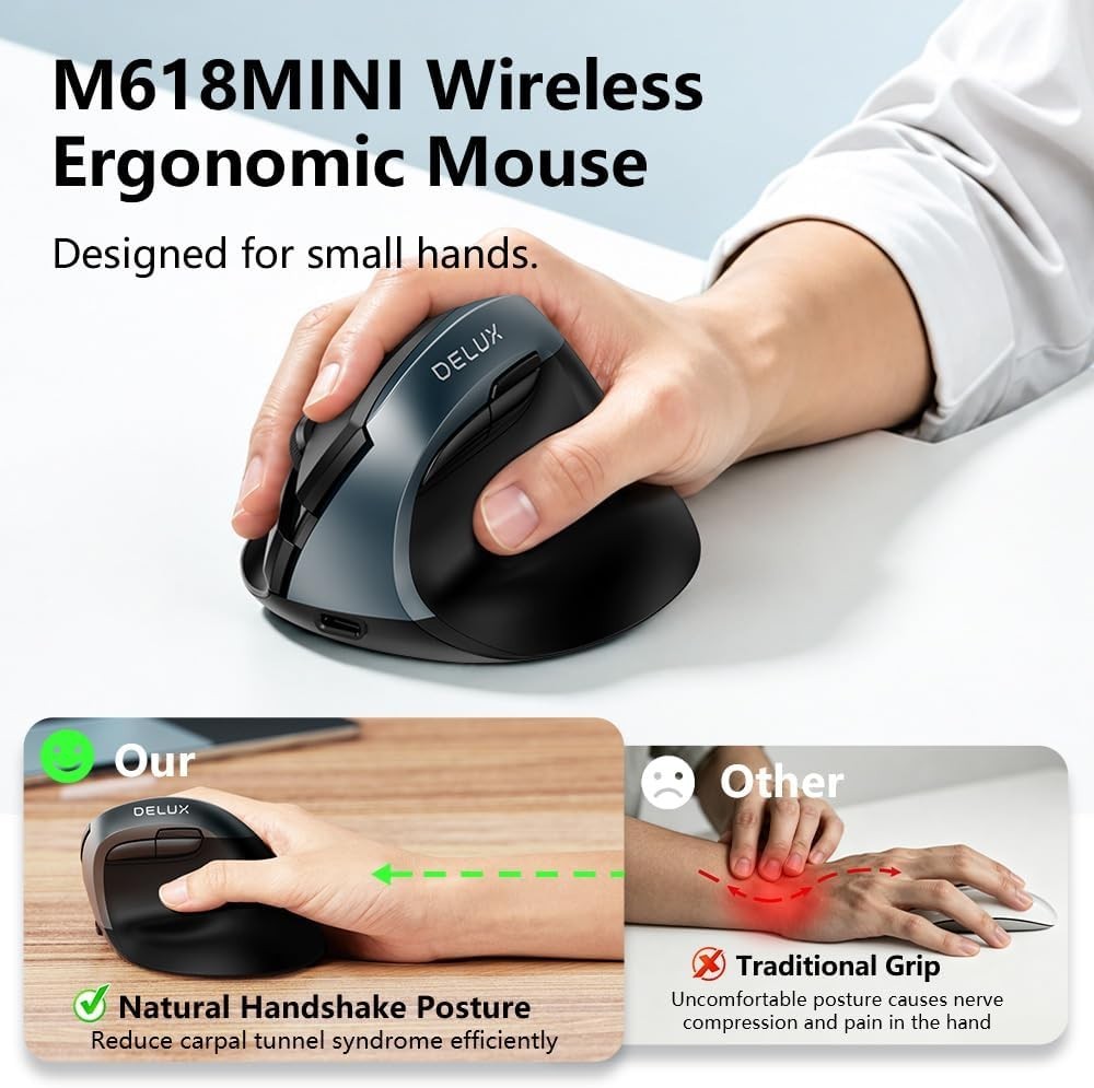 Iron Gray Wireless Vertical Mouse Silent Ergonomic with BT 5.2 USB Receiver