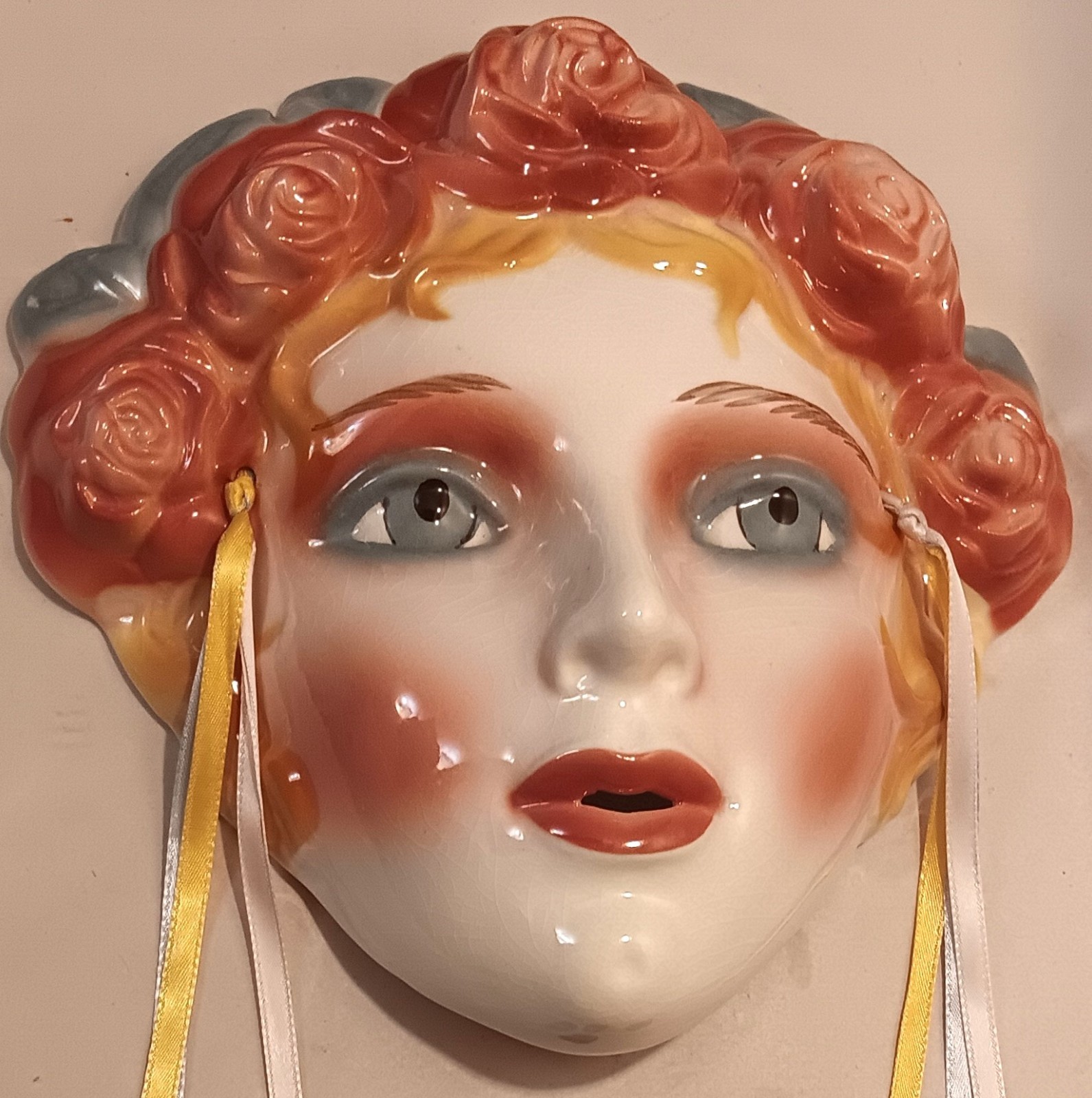 REDHEAD ROSE vtg clay art ceramic wall mask california deco flapper pinup girl