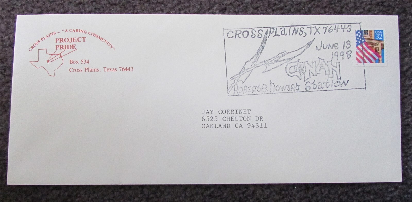 ROBERT E HOWARD CONAN PROJECT PRIDE SPECIAL 1ST DAY POSTAL CANCEL COVER 1998