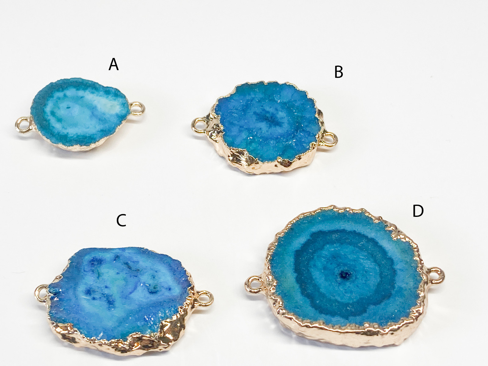 Blue crystal connector. Gold-plated agate connector. Freeform druzy connector.