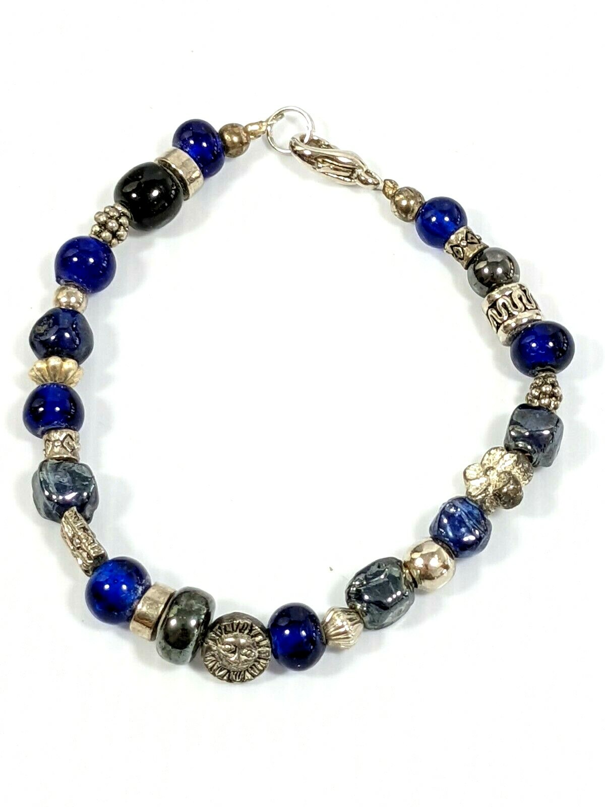 Artisan Silver Tone Blue Glass Bead Sun Moon Flower Bracelet 7 inches