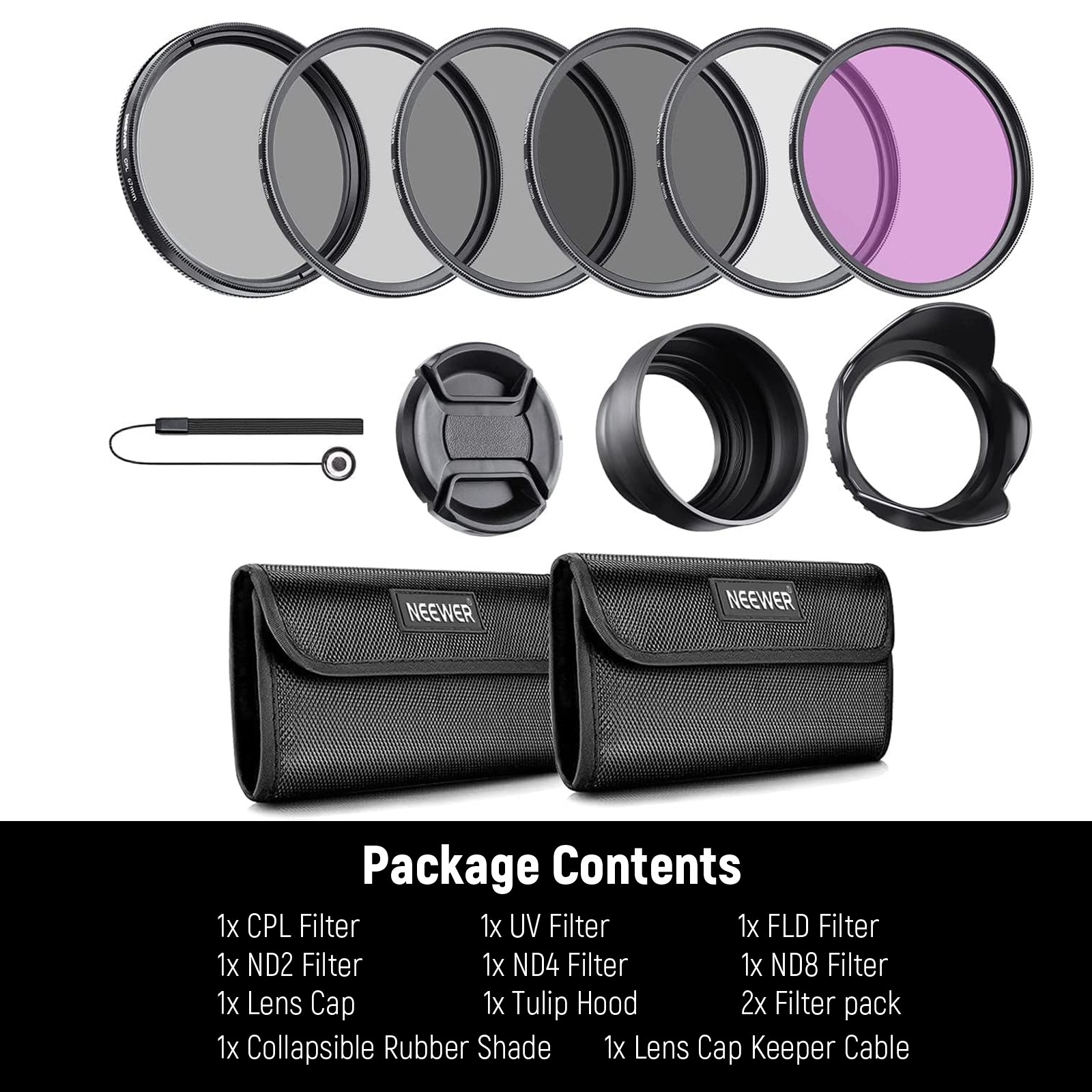 NEEWER 67mm Filter Kit UV CPL FLD ND2 ND8 with Lens Hood for DSLR Cameras