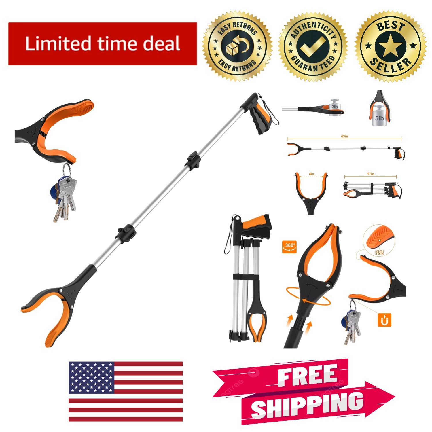 43-Inch Foldable Grabber Tool for Easy Reaching - Heavy-Duty with Rotating Jaw