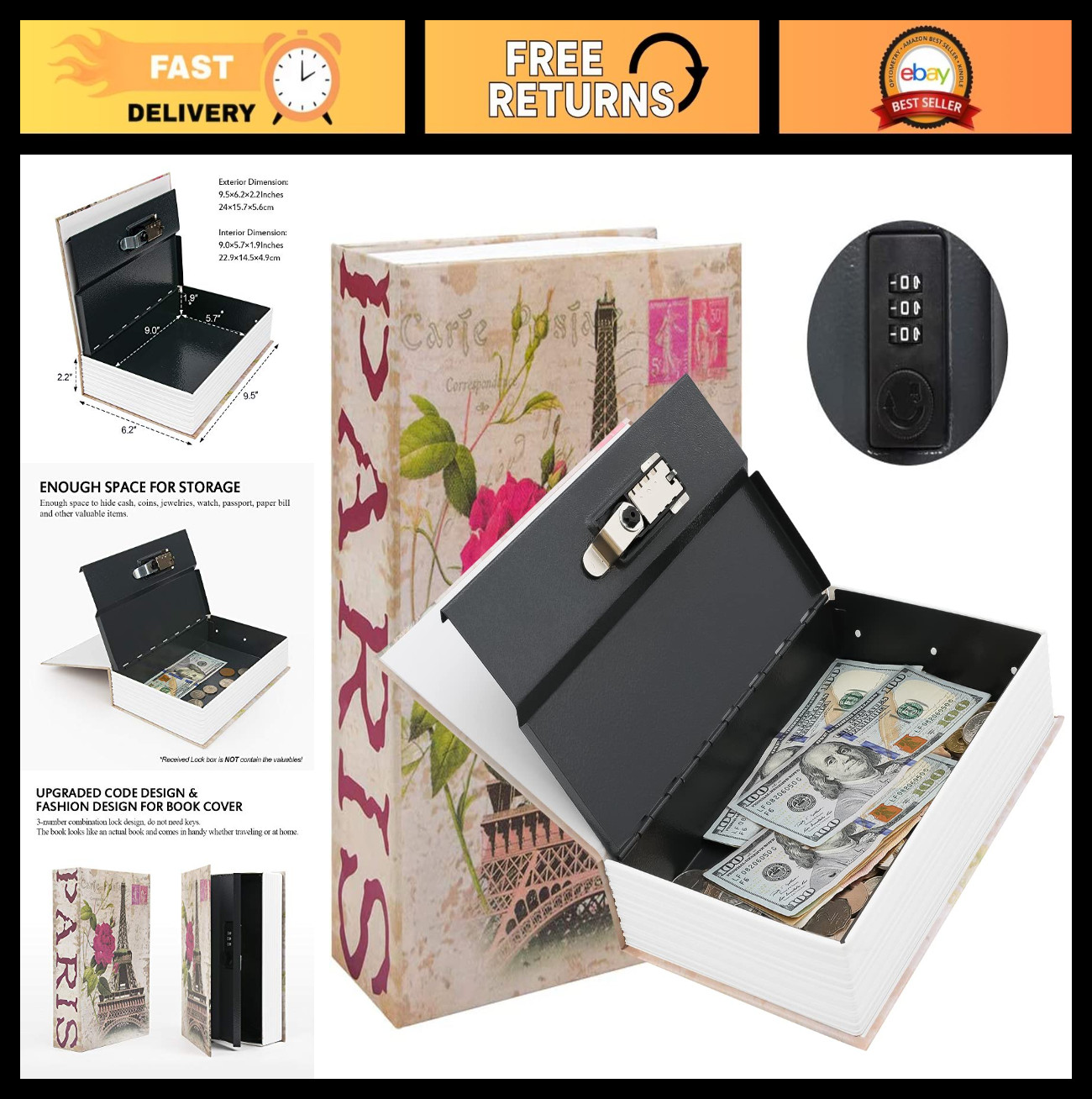 Diversion Book Safe with Combination Lock - Secret Hidden Money Hiding Box, 9.5"