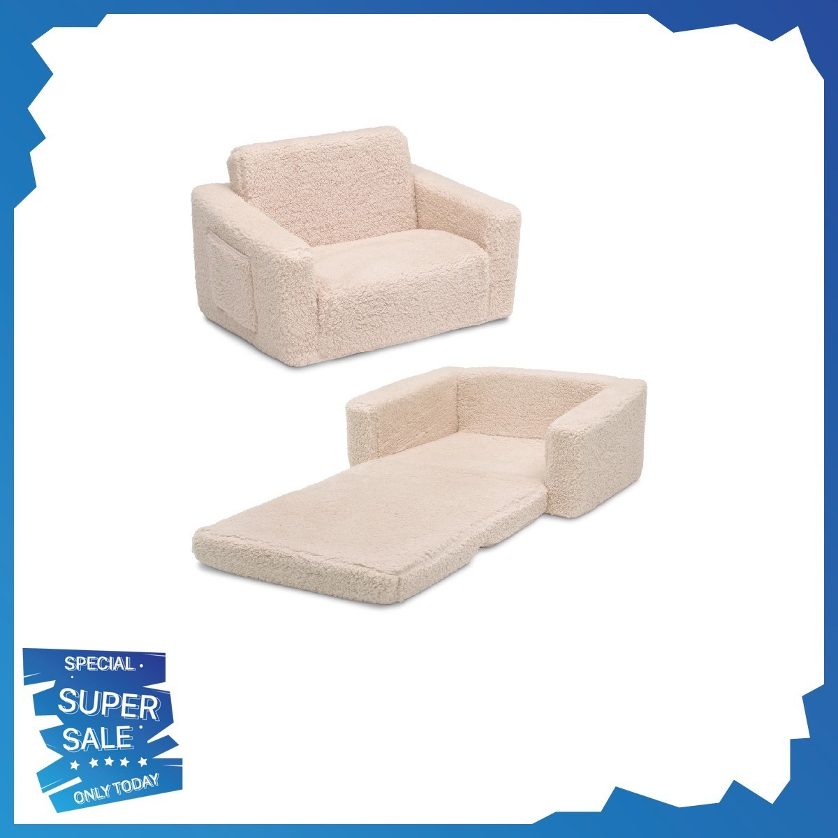 Delta Children Cozee Flip-Out Sherpa Convertible Chair to Lounger for Kids,Cream