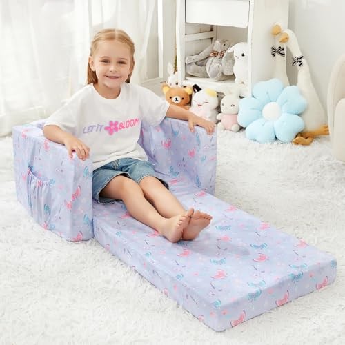 Toddler Chair 2-in-1 Kids Couch Bed Fold Out Convertible Kids Purple Butterfly