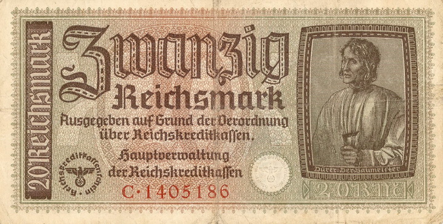 Currency Germany 1940 WW2 Fascism War Era 20 Reichsmark Zwanzig Circulated WORN!
