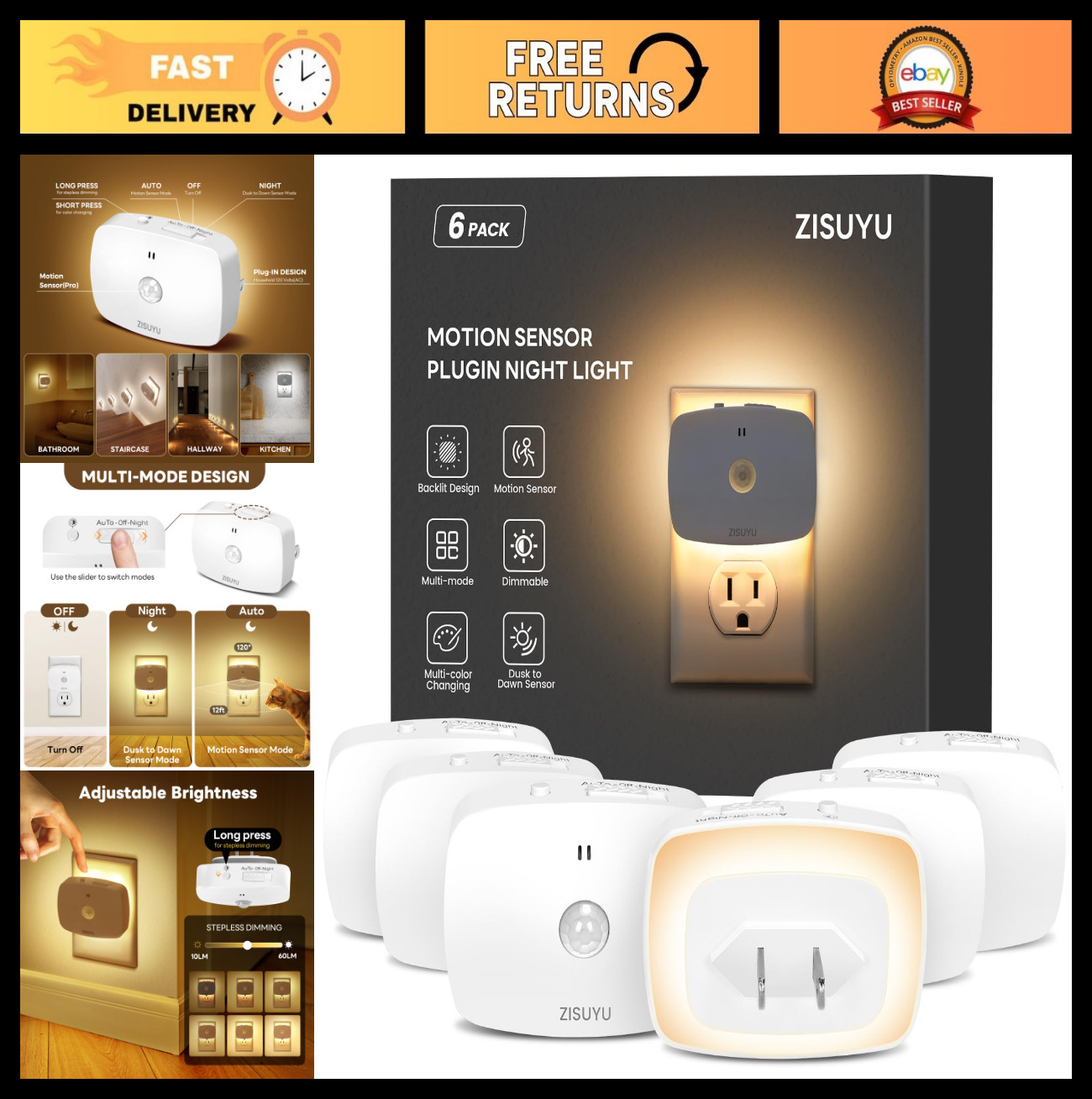 Dimmable LED Night Light with Motion & Dusk Sensor, Color-Changing, 6 Pack